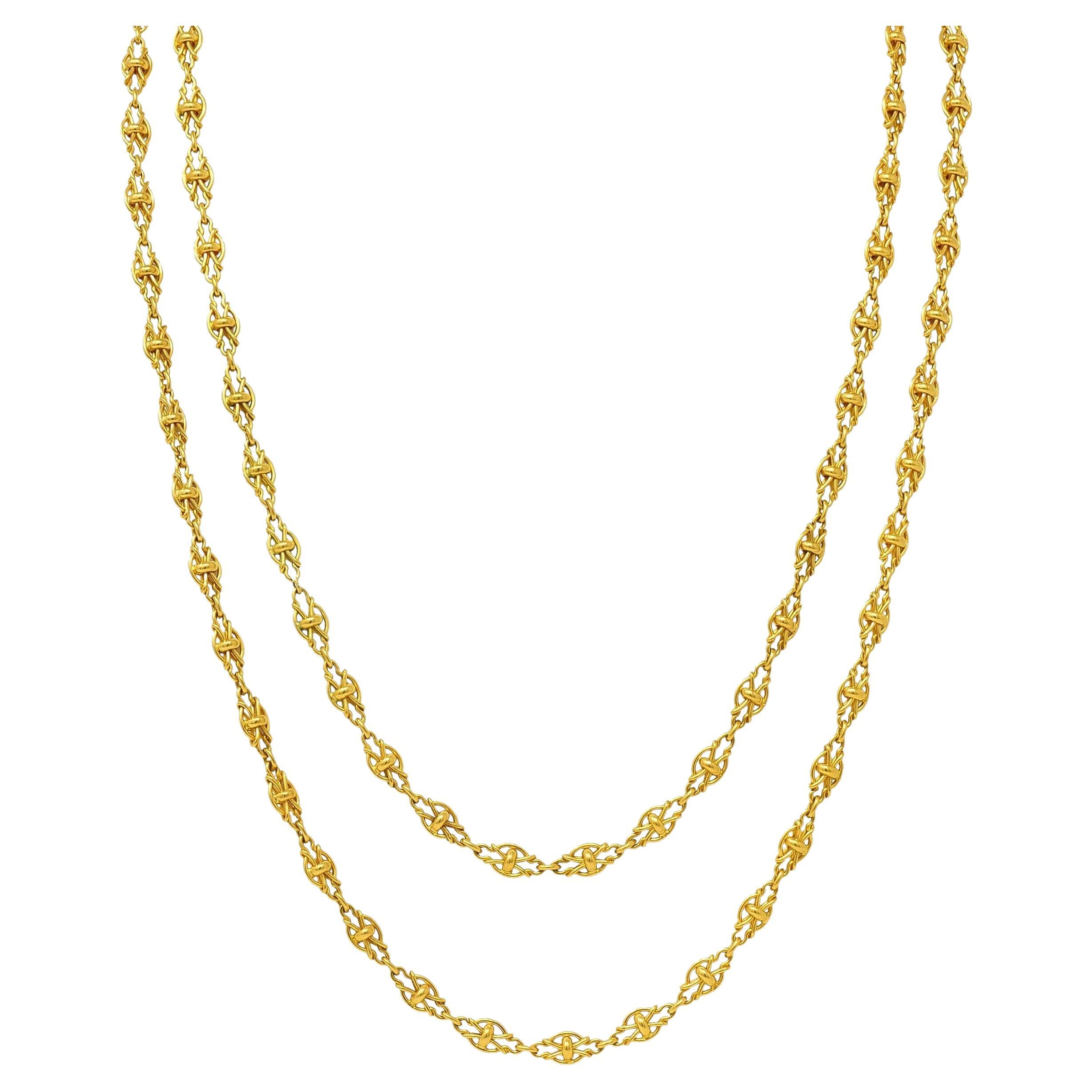 Victorian French 18 Karat Yellow Gold Knot Link Long Antique Chain Necklace For Sale