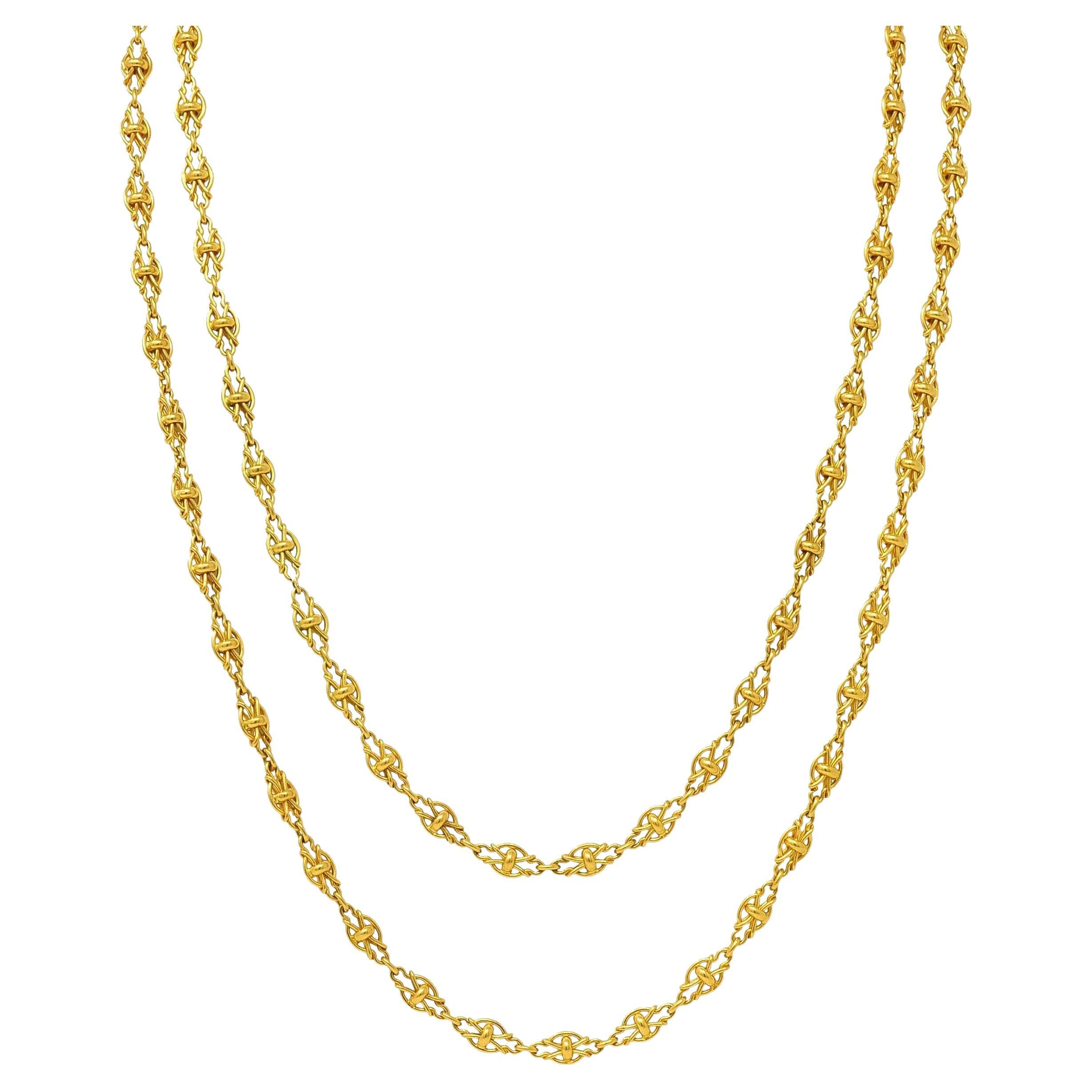 Victorian French 18 Karat Yellow Gold Knot Link Long Antique Chain Necklace