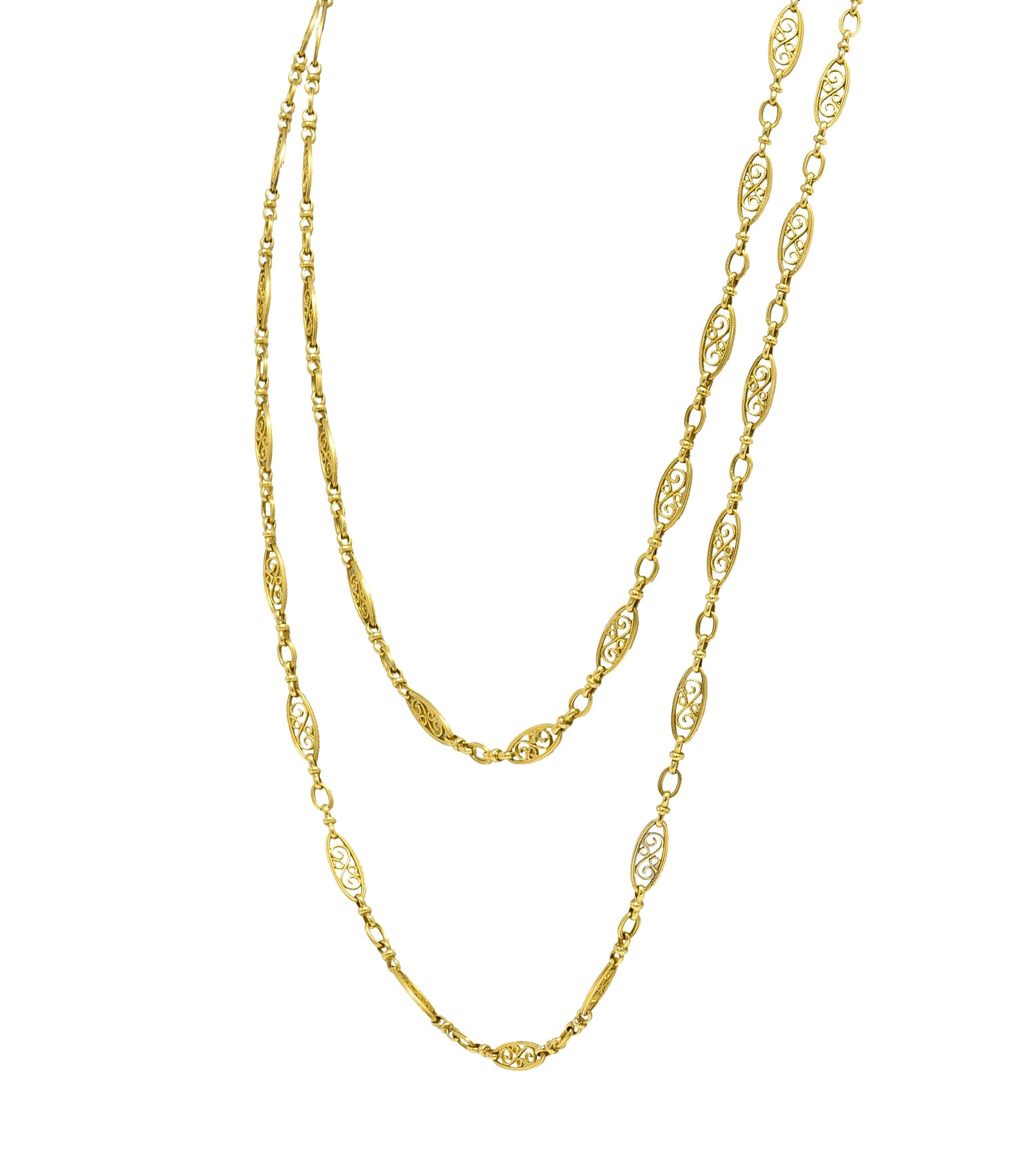 Women's Victorian French 18 Karat Yellow Gold Navette Link 40 IN Long Antique Necklace For Sale