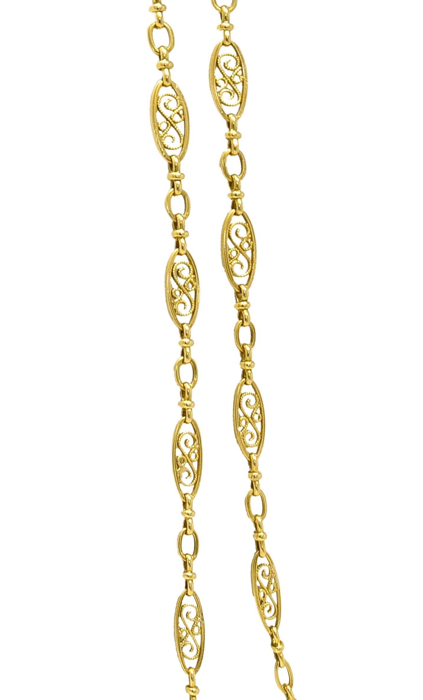 Victorian French 18 Karat Yellow Gold Navette Link 40 IN Long Antique Necklace For Sale 3