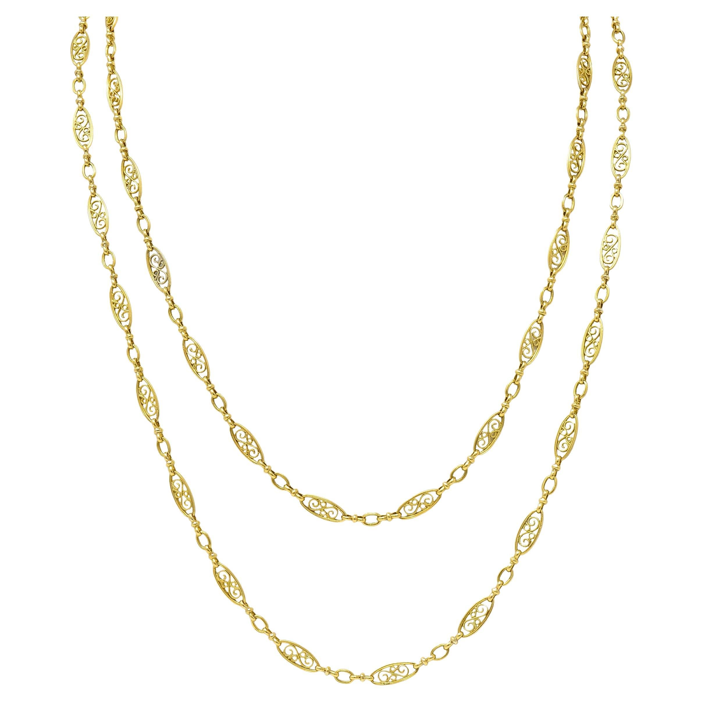 Victorian French 18 Karat Yellow Gold Navette Link 40 IN Long Antique Necklace For Sale