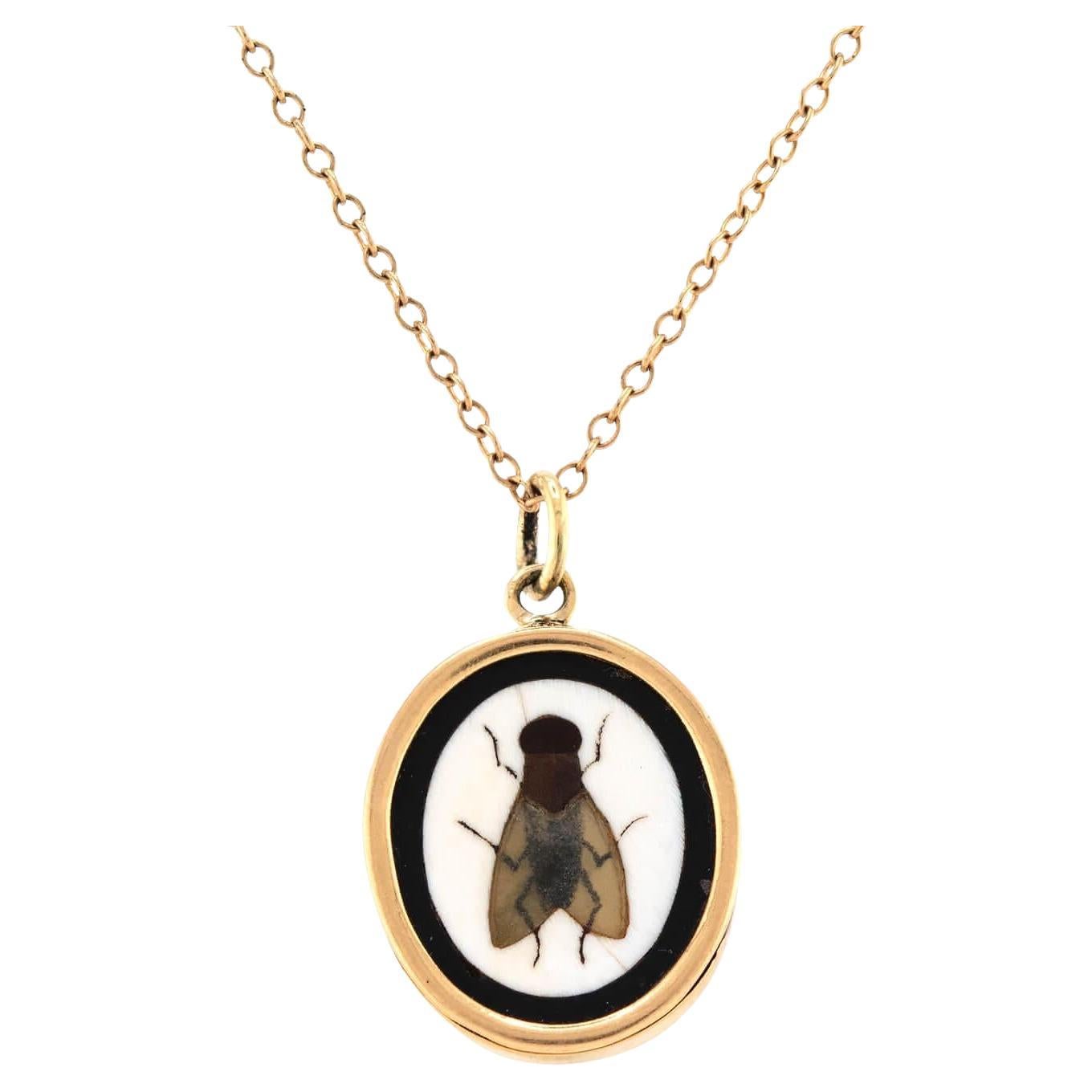 Victorian French 18k/14 Pietra Dura Fly Pendant Necklace