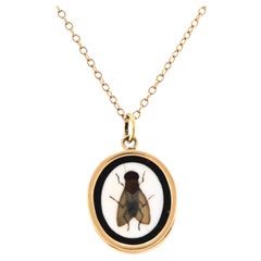 Victorian French 18k/14 Pietra Dura Fly Pendant Necklace