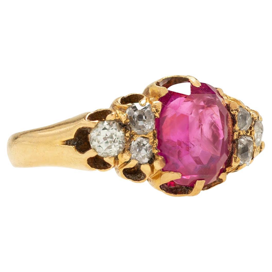 Victorian French 18k Burmese Ruby + Diamond Ring For Sale