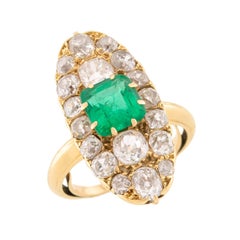 Viktorianischer französischer 18k Smaragd und Diamant Navette Ring