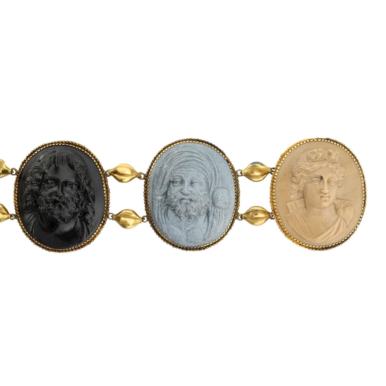 Victorian French 18k “Greco Roman Gods” Lava Stone Cameo Bracelet In Good Condition For Sale In Narberth, PA