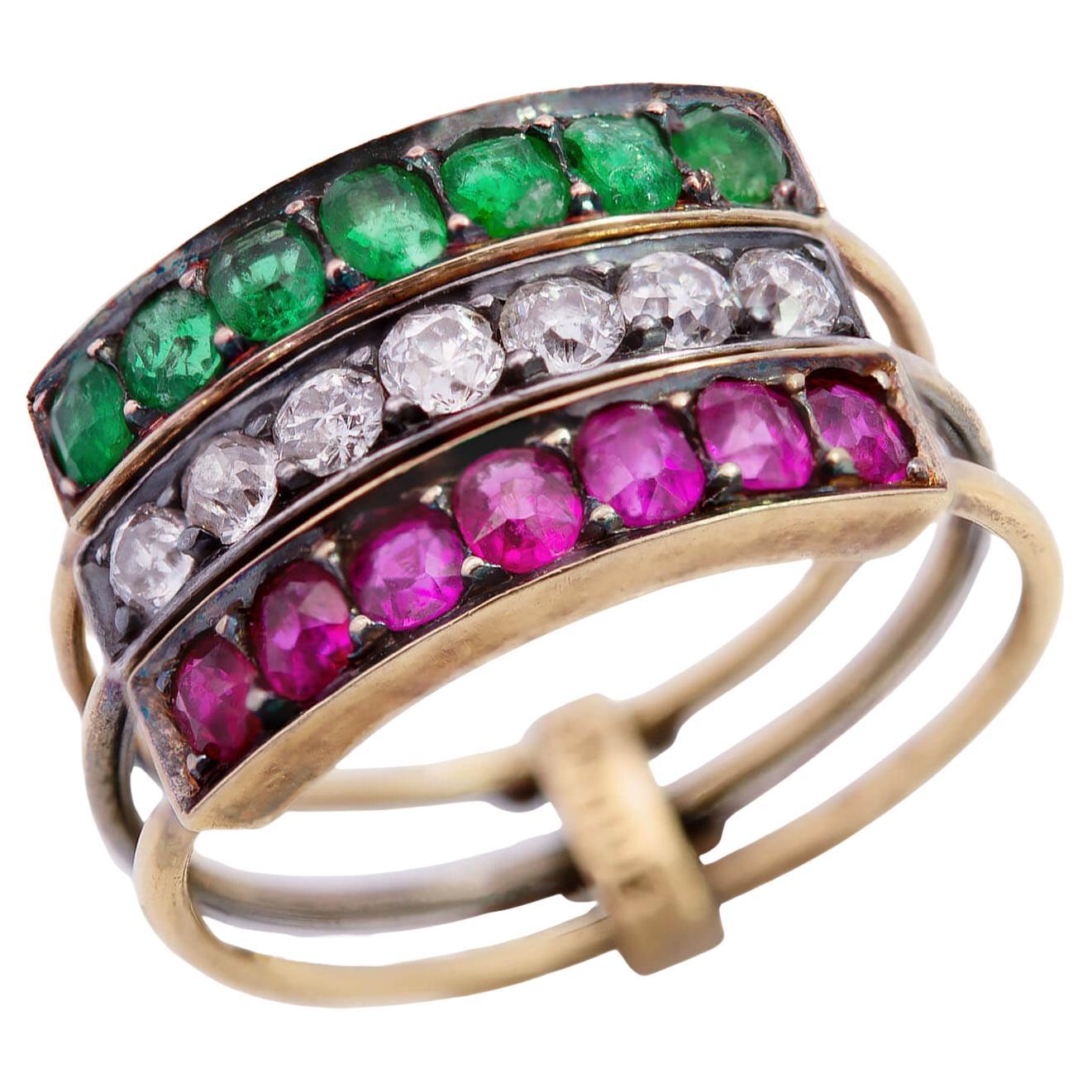 Victorian French 18k/Platinum Harem Emerald, Ruby & Diamond Three Band Ring For Sale