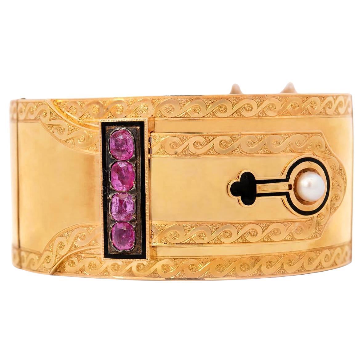 Victorian French 18k Ruby and Pearl Enameled Hinged Buckle Bracelet