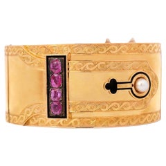 Viktorianische Französisch 18k Rubin und Perle emailliert Scharnier Schnalle Armband