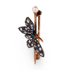 Victorian French 18k/ Silver Diamond, Emerald, Ruby, & Pearl Buttferly Pin