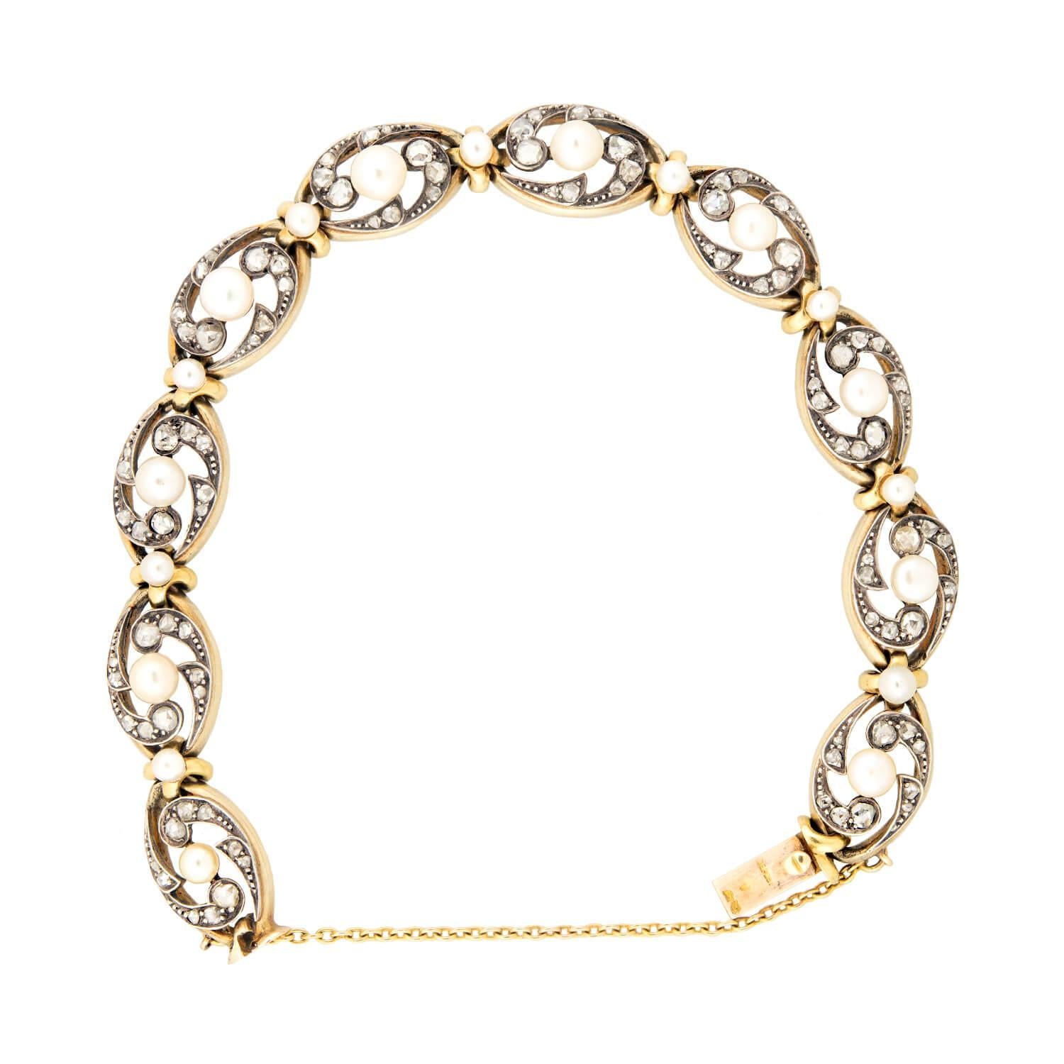 Rose Cut Victorian French 18k/Sterling Silver Pearl and Diamond Bracelet For Sale