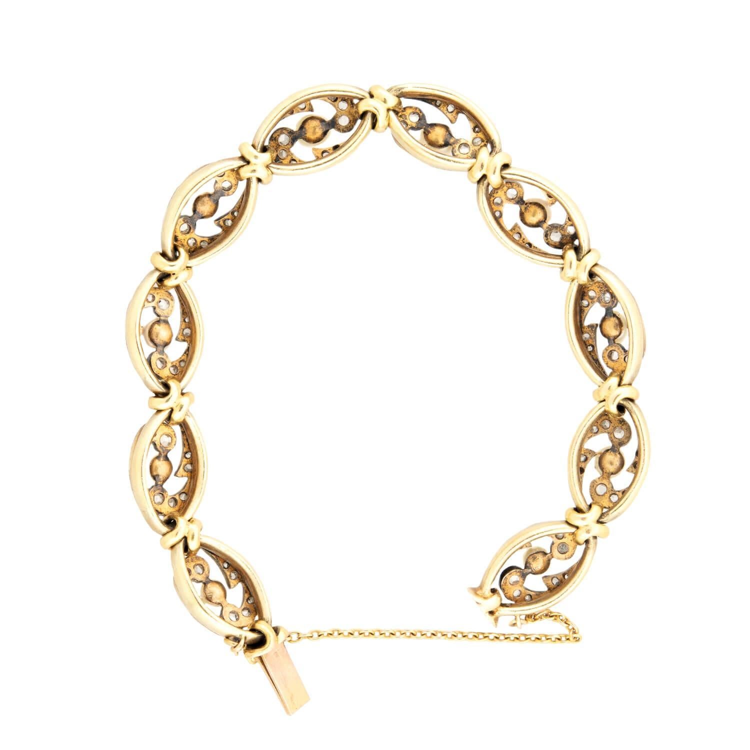 Victorian French 18k/Sterling Silver Pearl and Diamond Bracelet In Good Condition For Sale In Narberth, PA