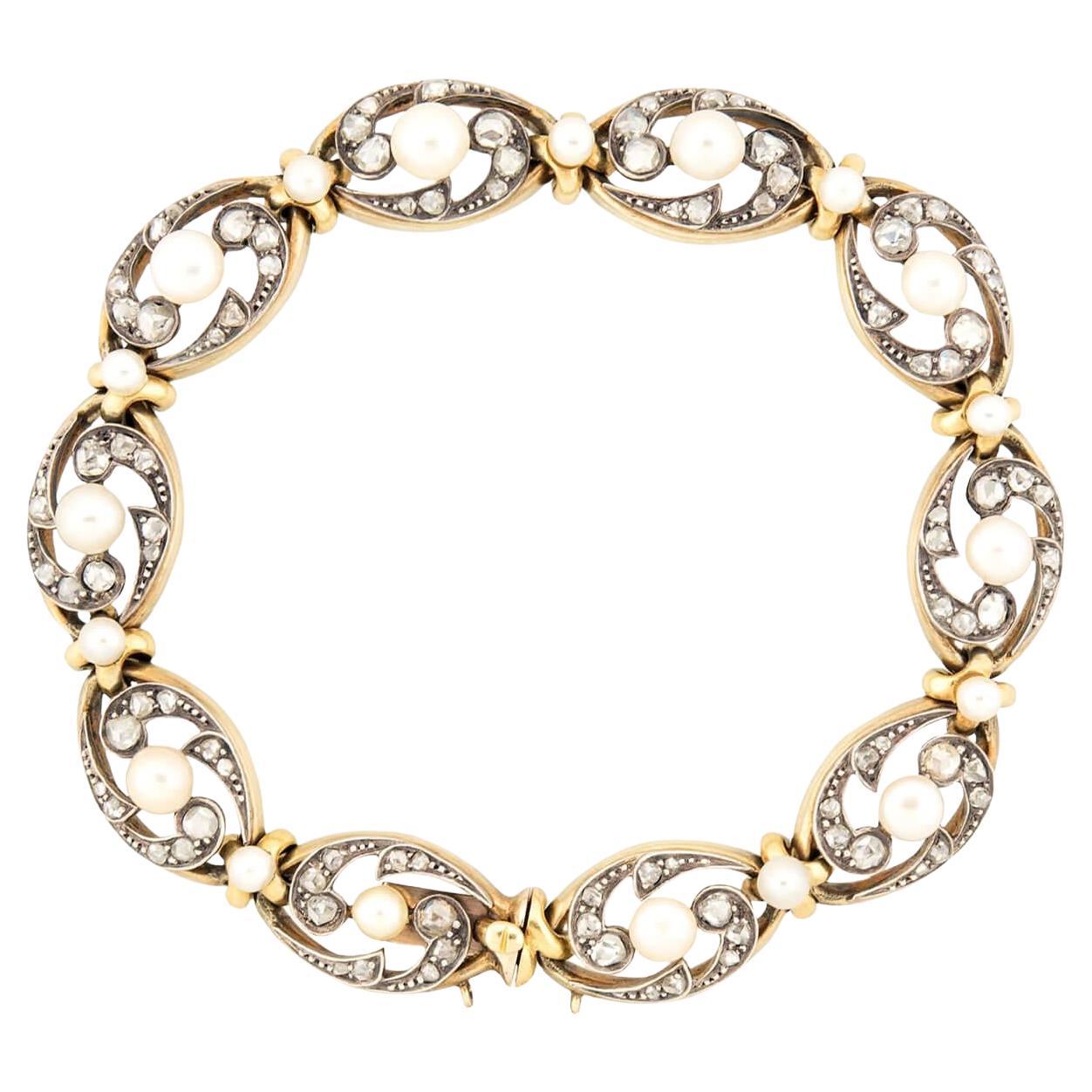Victorian French 18k/Sterling Silver Pearl and Diamond Bracelet