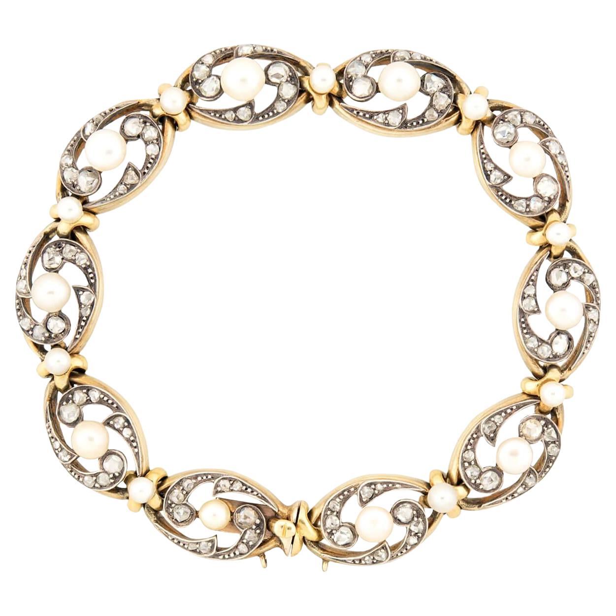 Victorian French 18k/Sterling Silver Pearl and Diamond Bracelet