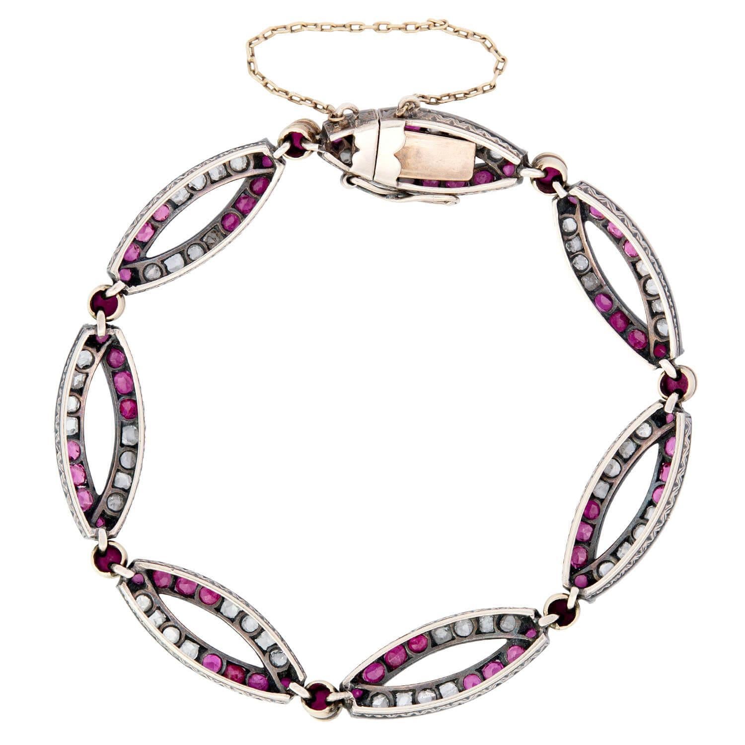 Vittoriano Bracciale vittoriano francese in argento 18k/sterling con rubini e diamanti in vendita