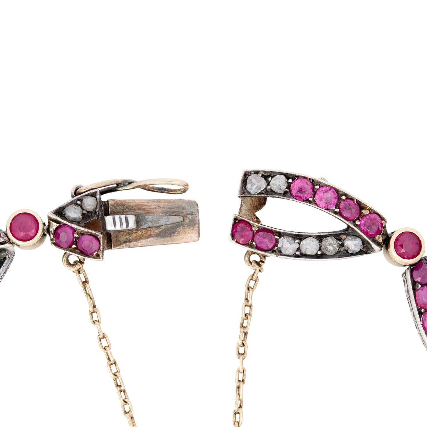 Taglio a rosa Bracciale vittoriano francese in argento 18k/sterling con rubini e diamanti in vendita