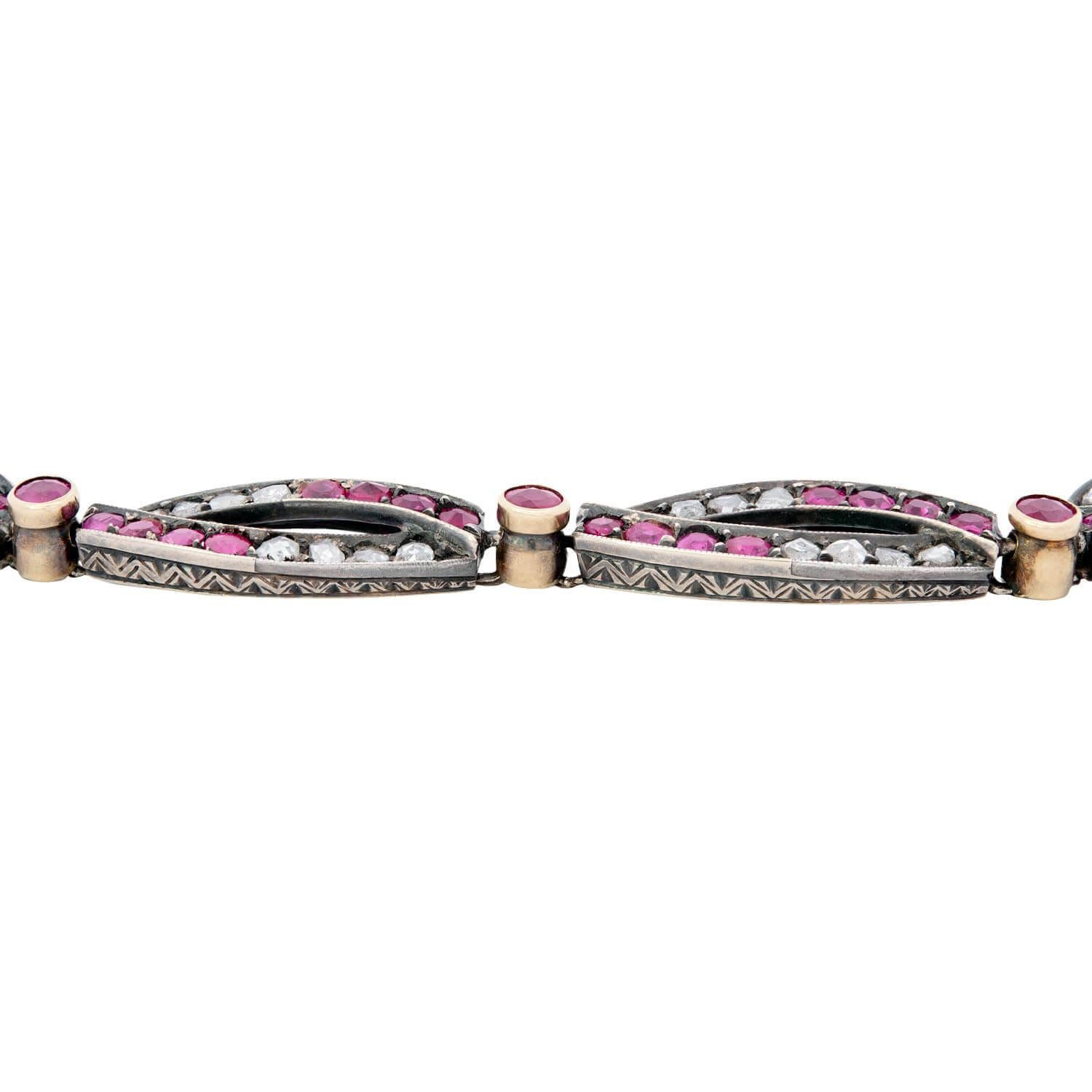 Bracciale vittoriano francese in argento 18k/sterling con rubini e diamanti In condizioni buone in vendita a Narberth, PA