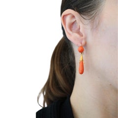 Victorian French 18k Yellow Gold Coral Drop Earrings