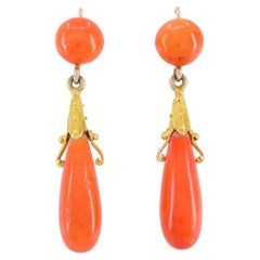 Victorian French 18k Yellow Gold Coral Drop Earrings