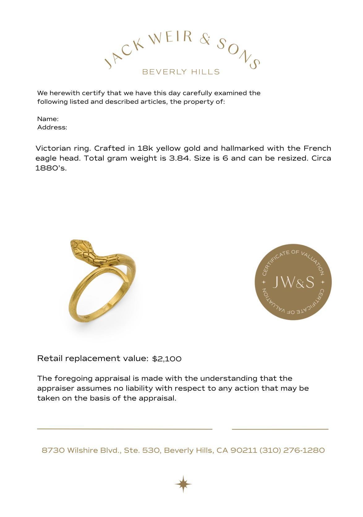 Victorian French 18k yellow gold snake ring For Sale 3