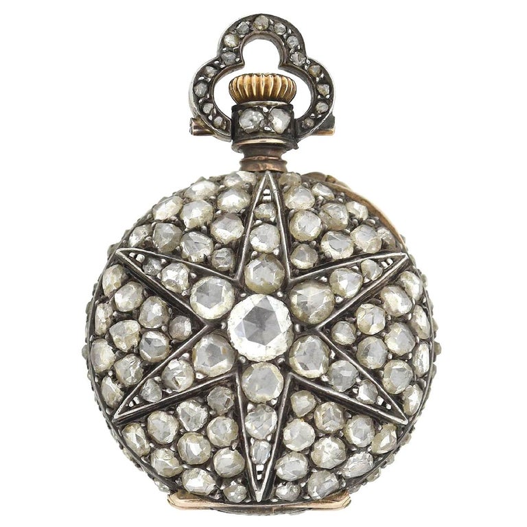 Victorian French 2 Carat Rose Cut Diamond Star Pocket Watch For Sale