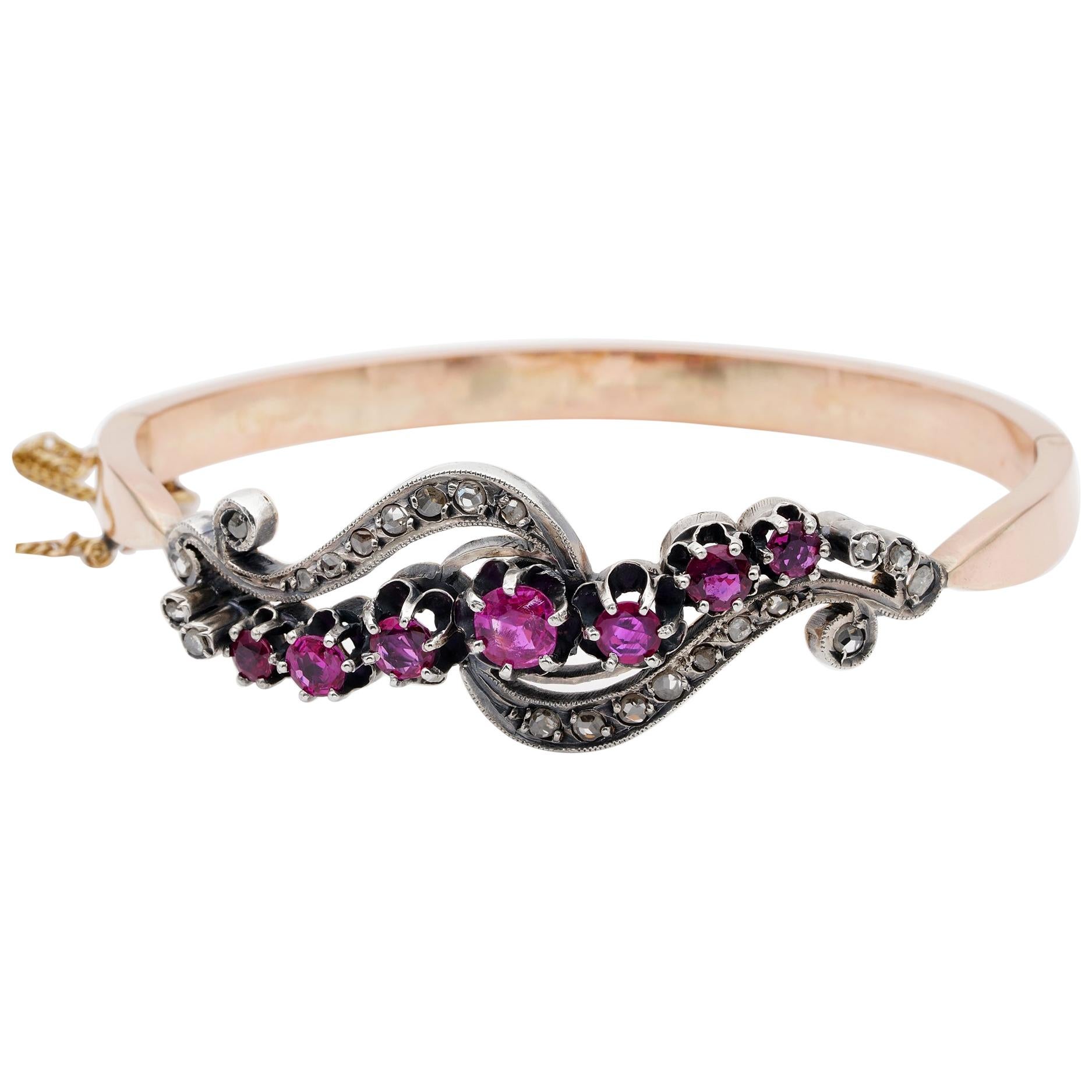 Victorian French 2.60 Carat Ruby .40 Carat Rose Cut Diamond 18 KT Rare Bangle For Sale