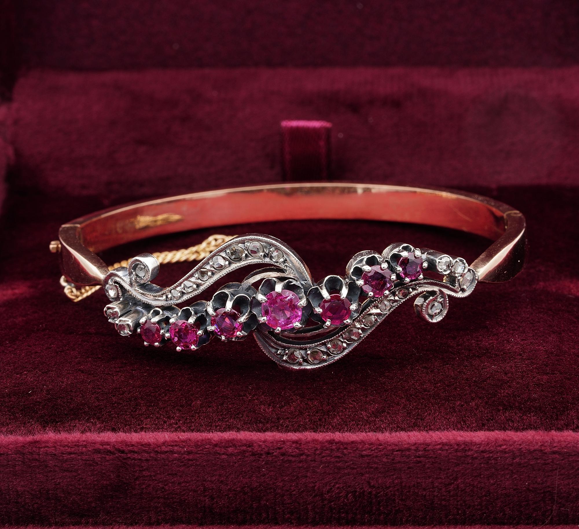 Memorable Victorian

Superb Victorian period antique bangle – bears a full series of French hallmarks
Boasting glorious workmanship of the time with lovely ESSE like shaped motifs, enriched with natural no heat Rubies and rose cut Diamonds