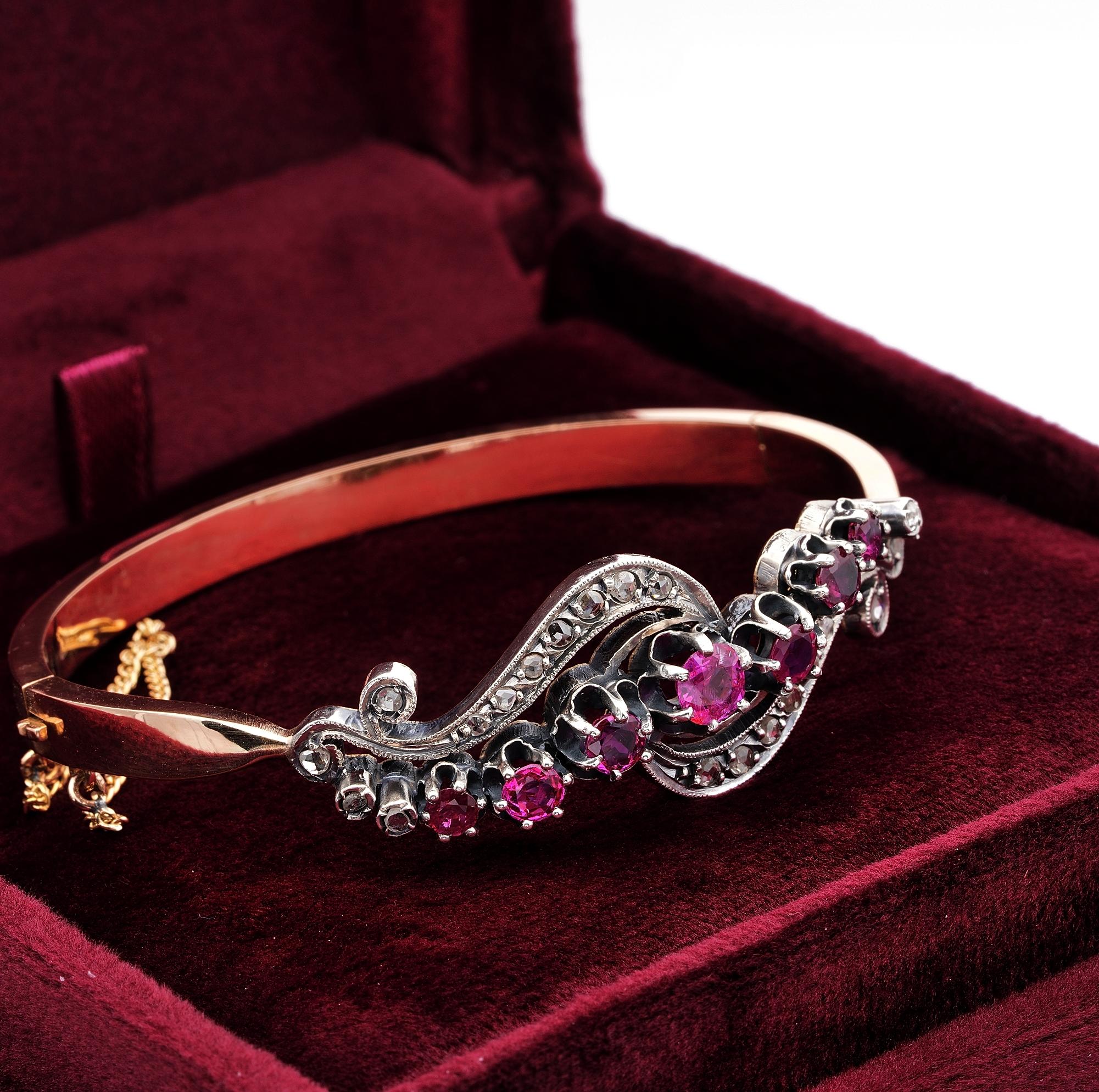 Women's Victorian French 2.60 Carat Ruby .40 Carat Rose Cut Diamond 18 KT Rare Bangle For Sale