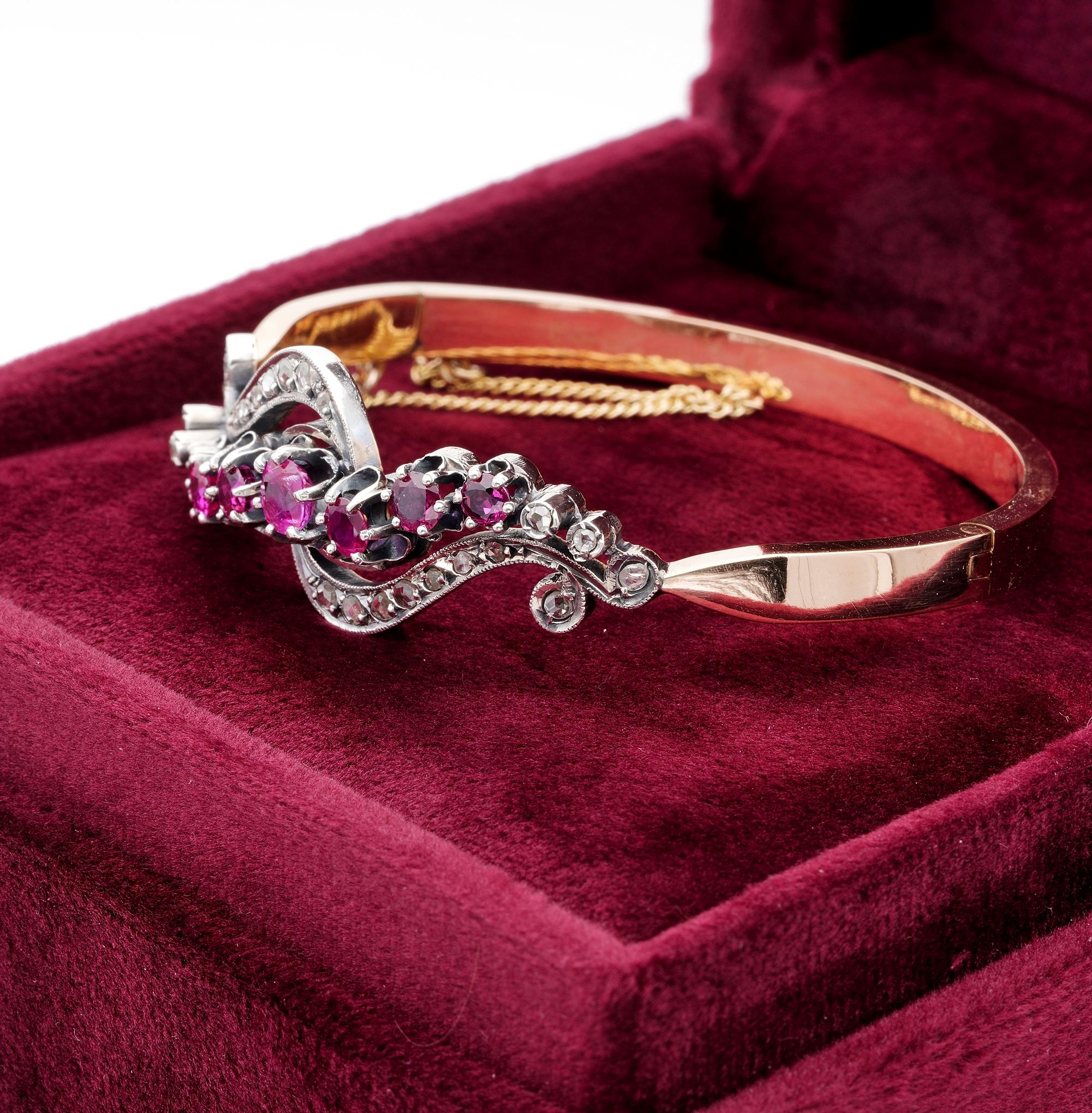 Victorian French 2.60 Carat Ruby .40 Carat Rose Cut Diamond 18 KT Rare Bangle For Sale 2