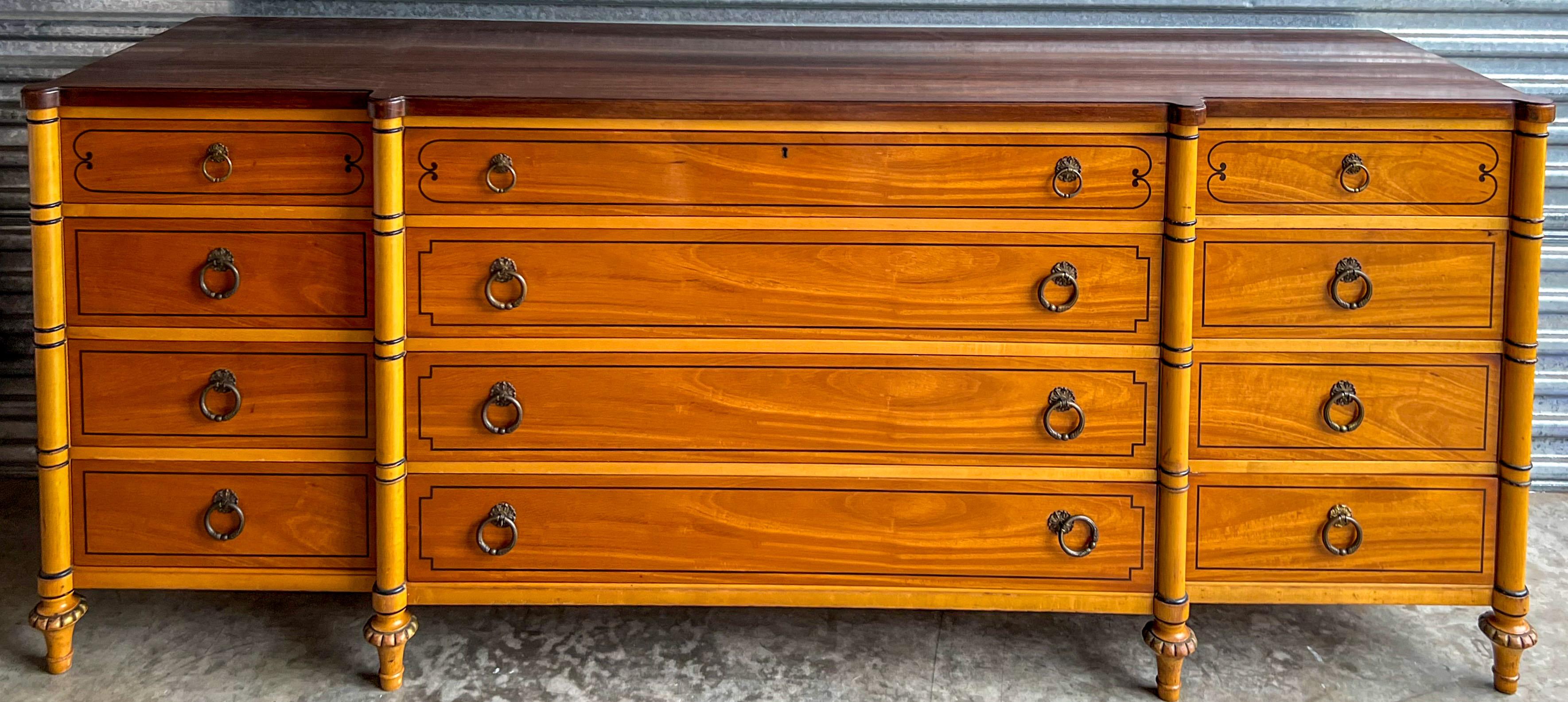 This is one piece of an amazing set that I am about to list. There will be special pricing if you want all of the pieces. This is a 1940s French style faux bamboo inspired chest. It is a compilation of mixed woods. The drawers have dovetail