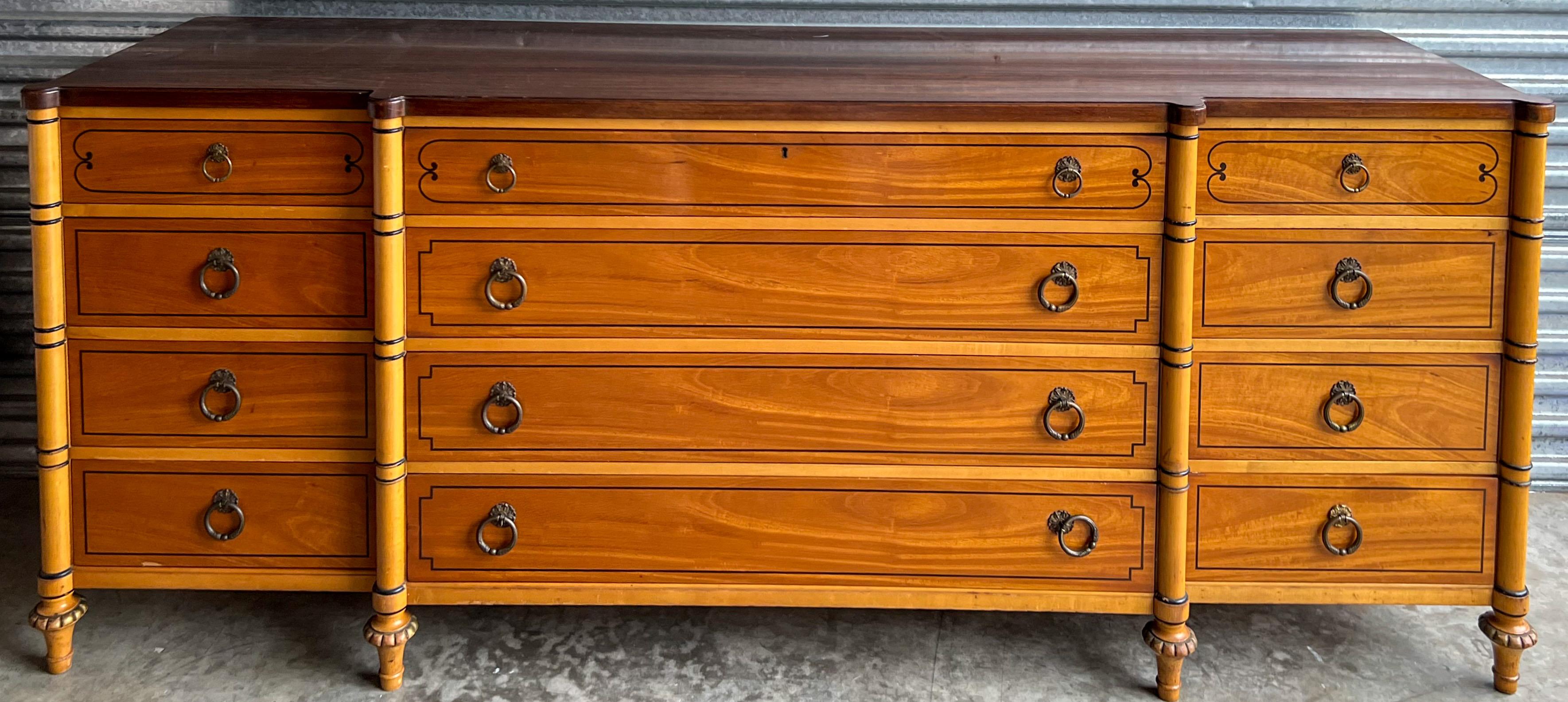 Brass 1940s French Regency Style Faux Bamboo Inspired Maple Chest of Drawers