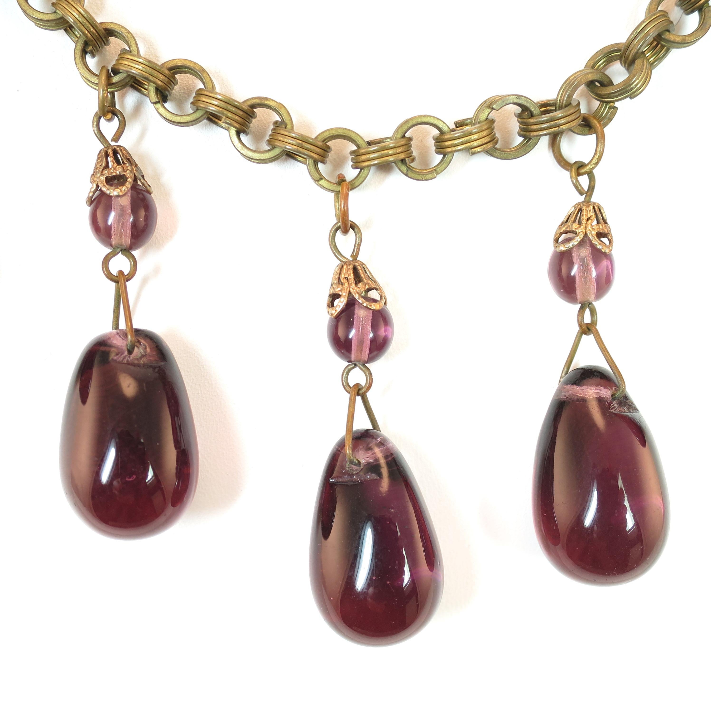 Victorian French Amethyst Poured Glass & Chain Link Necklace, 1870s In Good Condition For Sale In Burbank, CA