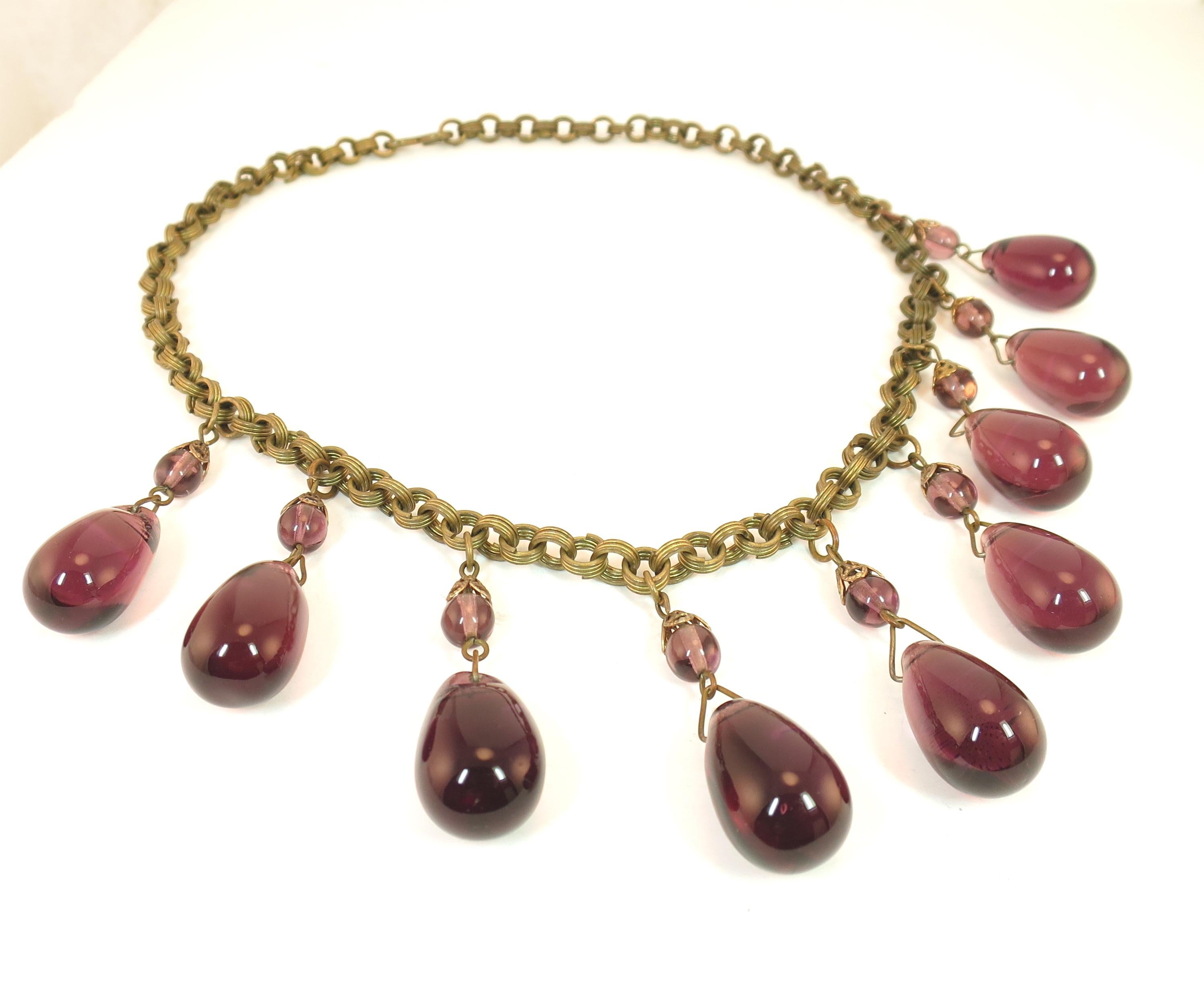 Victorian French Amethyst Poured Glass & Chain Link Necklace, 1870s For Sale 1