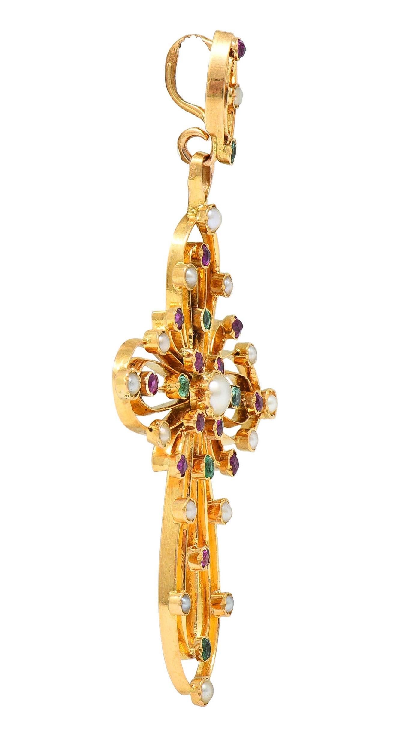 Viktorianischer französischer antiker Kreuzanhänger aus 18 Karat Gold mit Smaragd, Rubin und Perle (Kissenschliff) im Angebot
