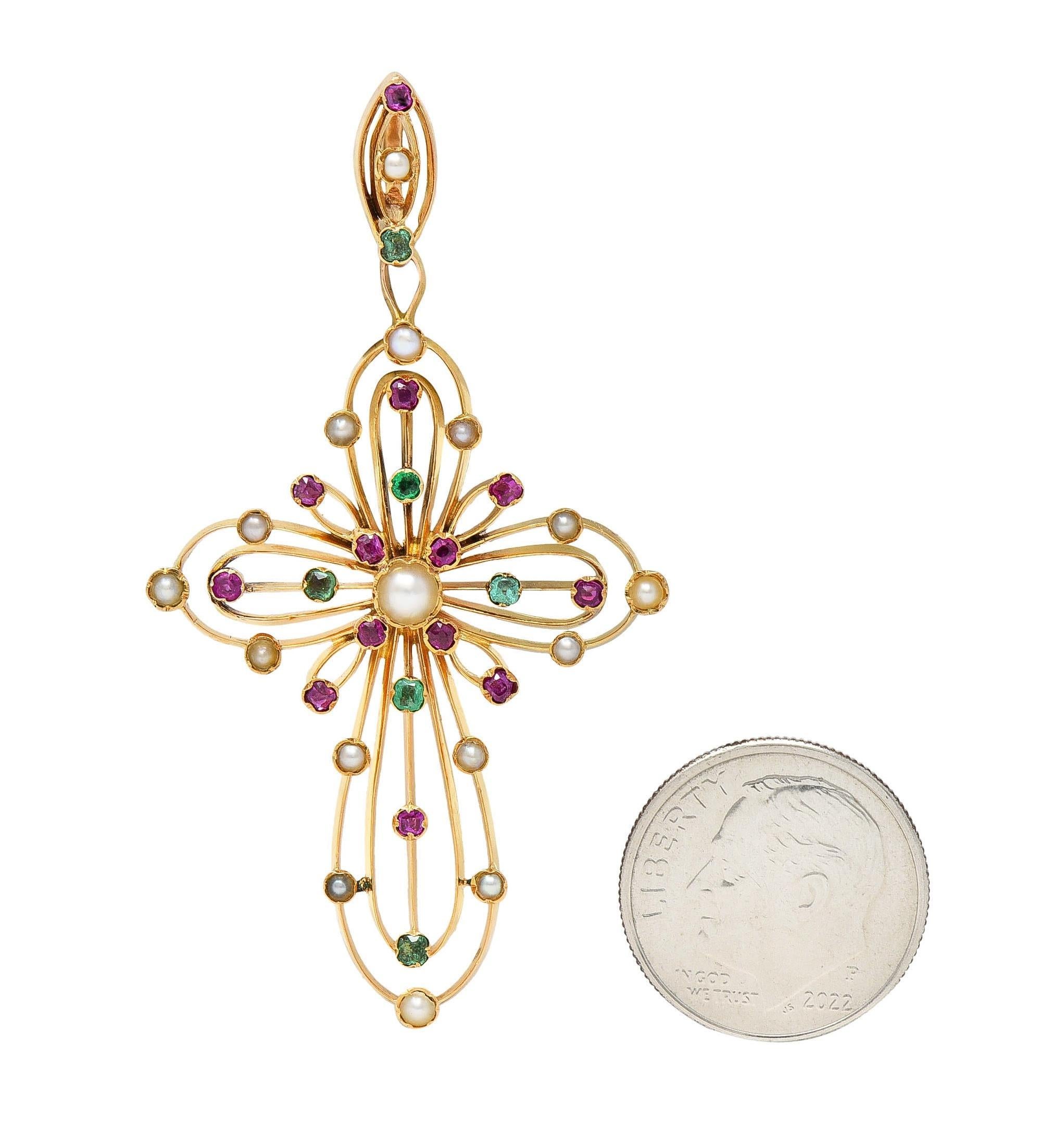 Victorian French Antique Emerald Ruby Pearl 18 Karat Gold Cross Pendant In Excellent Condition For Sale In Philadelphia, PA