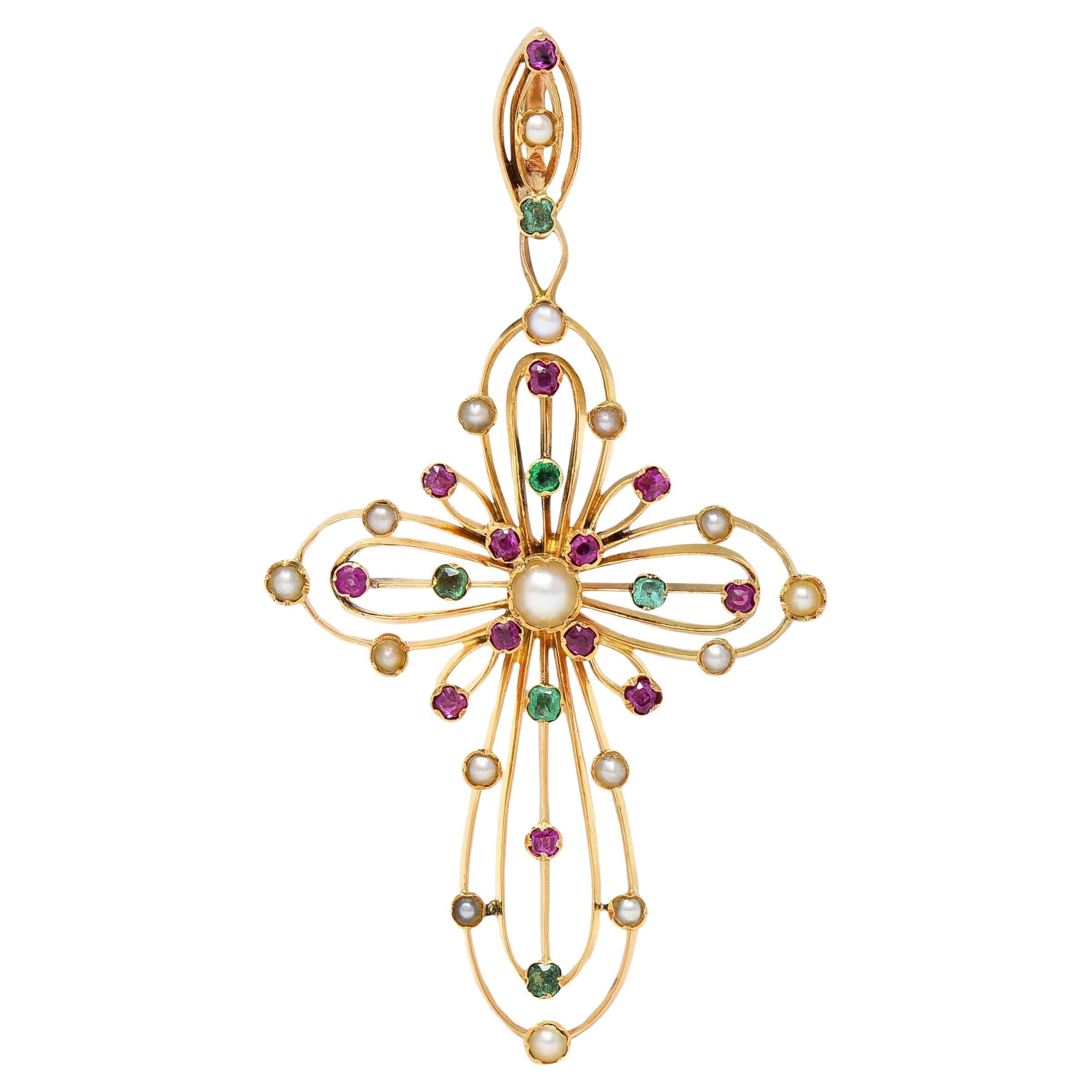 Viktorianischer französischer antiker Kreuzanhänger aus 18 Karat Gold mit Smaragd, Rubin und Perle im Angebot