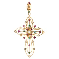 Pendentif croix victorien français ancien en or 18 carats, émeraude, rubis et perle