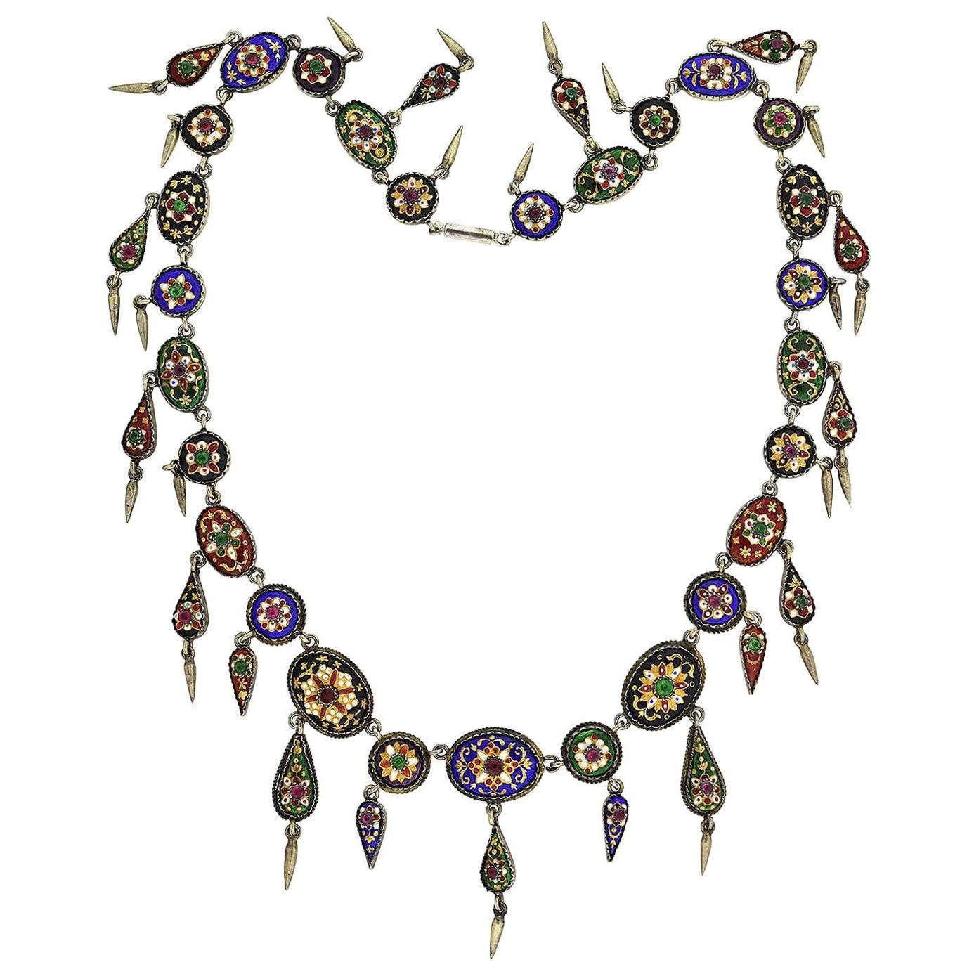 Victorian French Bresse Bressan Enameled and Paste Festoon Necklace