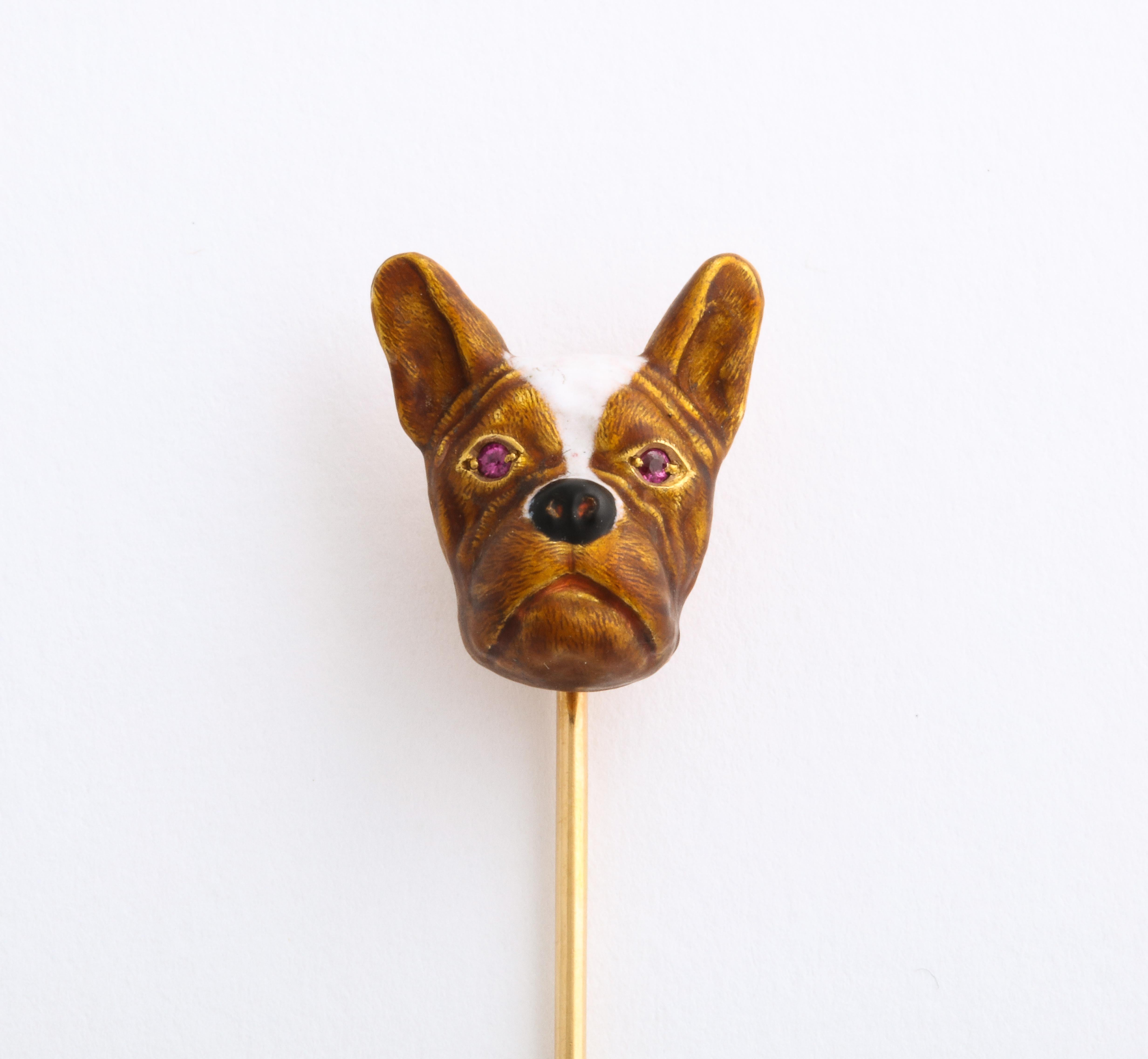You don't have to be Parisian to love Frenchies or from Boston to love Boston Bull Terriers.The enamel on this canine stickpin is as good as it gets and is the reason I bought the puppy. In 14 Kt gold, the bronze face with Ruby eyes hits the heart