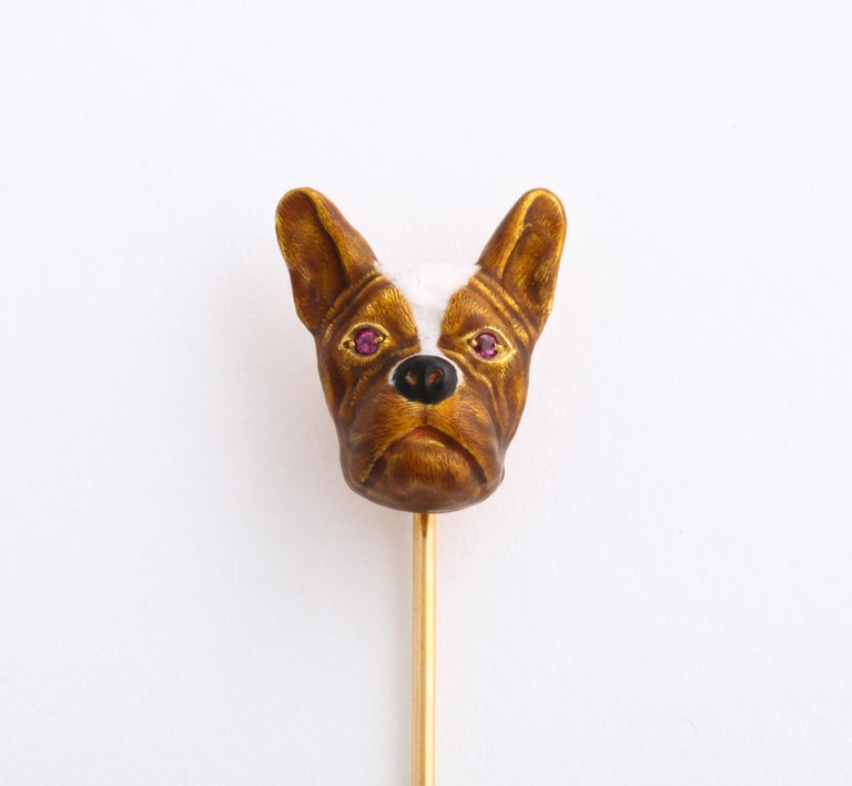 You don't have to be Parisian to love Boston Bull Terriers or French Bulldogs. The enamel on this canine stickpin is as good as it gets and is the reason I bought the puppy. In 14 Kt gold, the bronze face with Ruby eyes hits the heart of dog lovers.