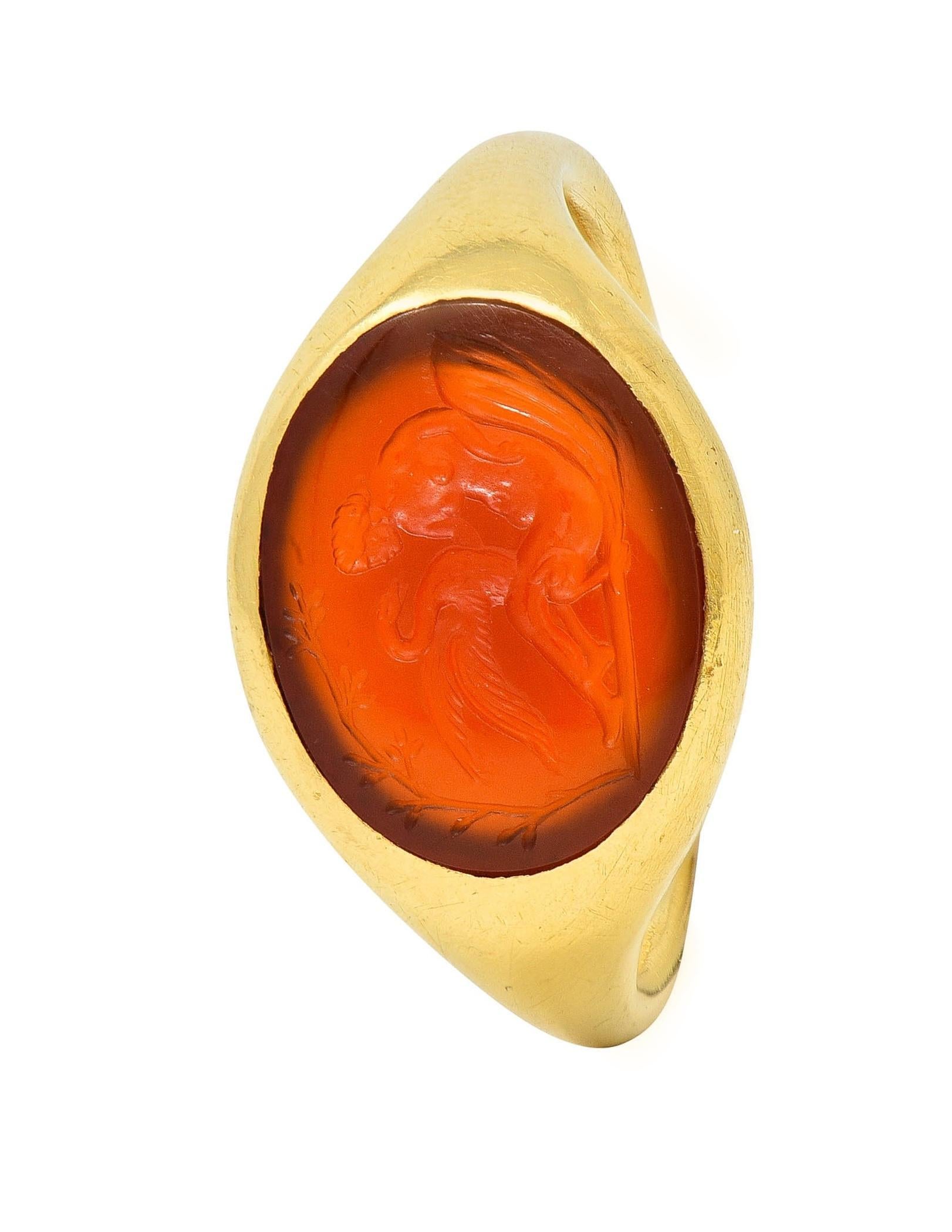 Victorian French Carnelian 18 Karat Yellow Gold Leda & Swan Intaglio Signet Ring 5