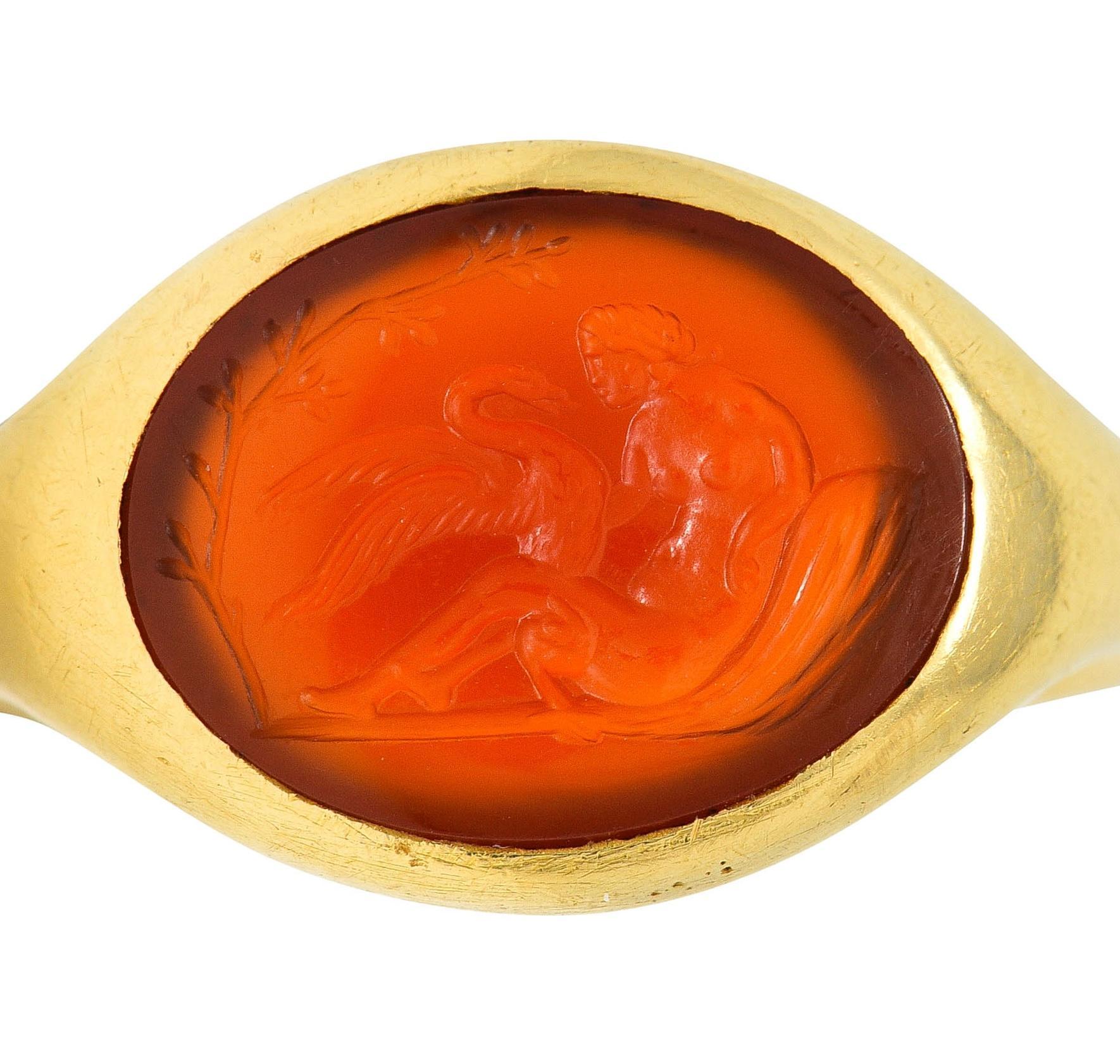 Victorian French Carnelian 18 Karat Yellow Gold Leda & Swan Intaglio Signet Ring For Sale 6