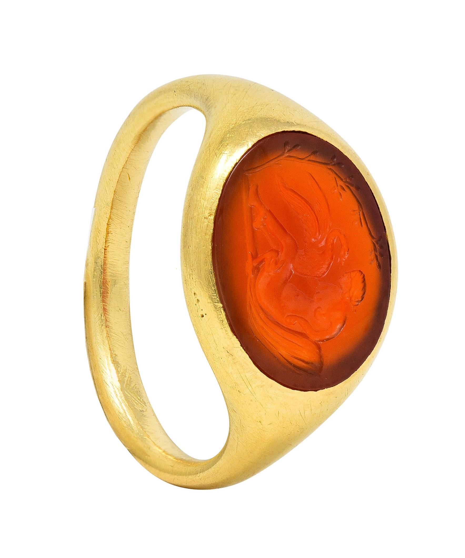 Victorian French Carnelian 18 Karat Yellow Gold Leda & Swan Intaglio Signet Ring 8