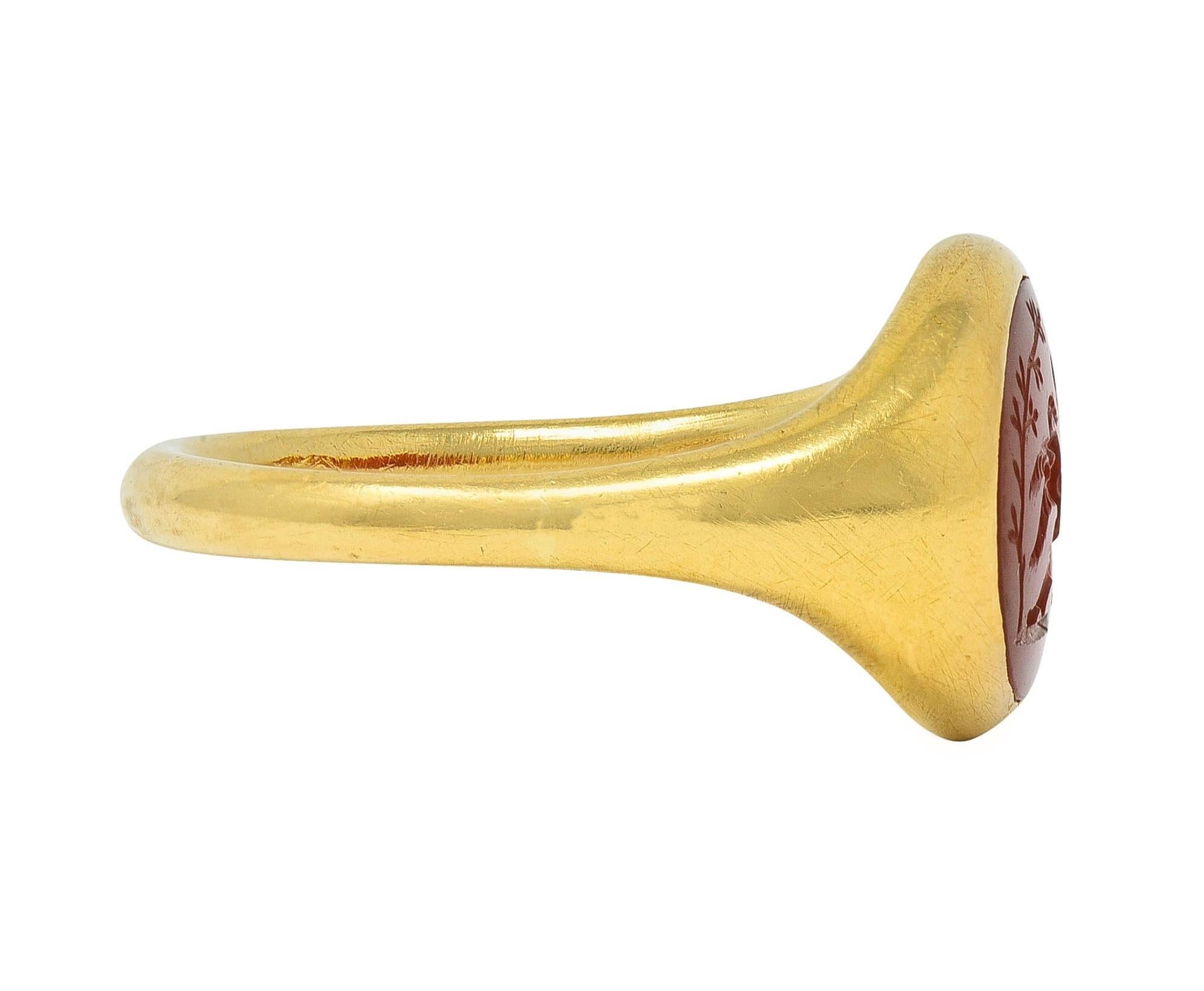 Victorian French Carnelian 18 Karat Yellow Gold Leda & Swan Intaglio Signet Ring In Excellent Condition In Philadelphia, PA