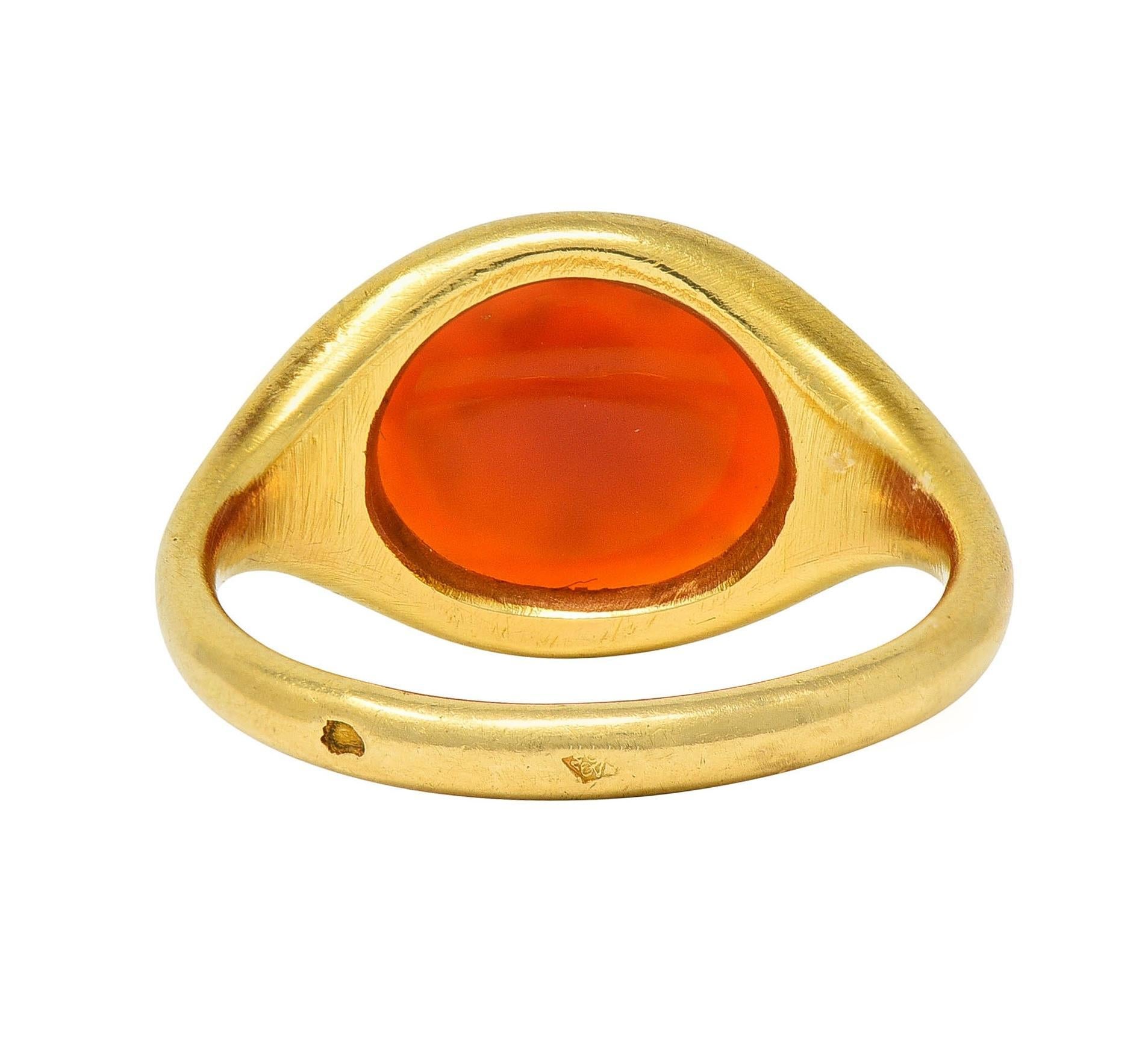 Women's or Men's Victorian French Carnelian 18 Karat Yellow Gold Leda & Swan Intaglio Signet Ring For Sale