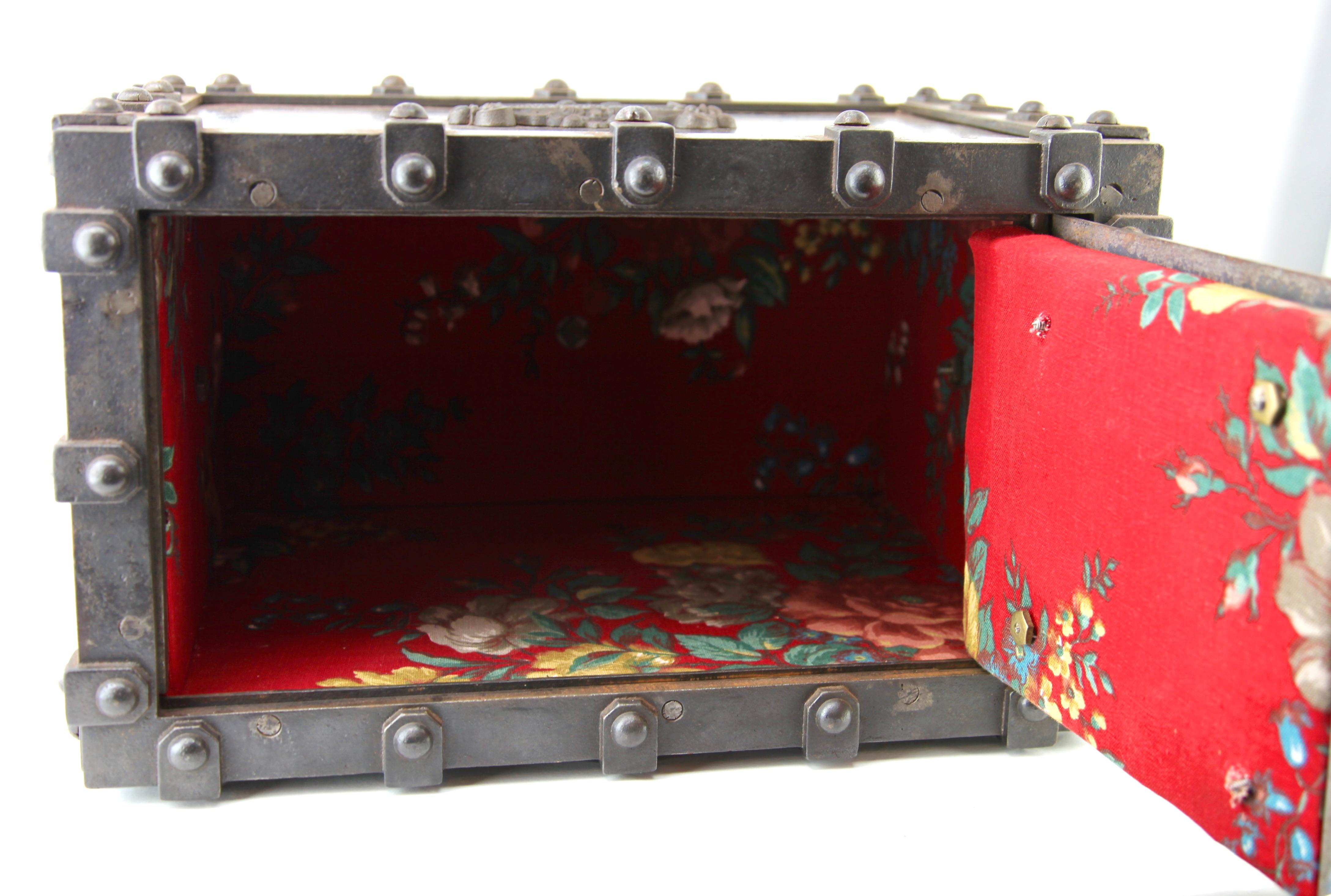 Victorian French Cast Iron Bound Strong Box by Bauche Brevete, an Key