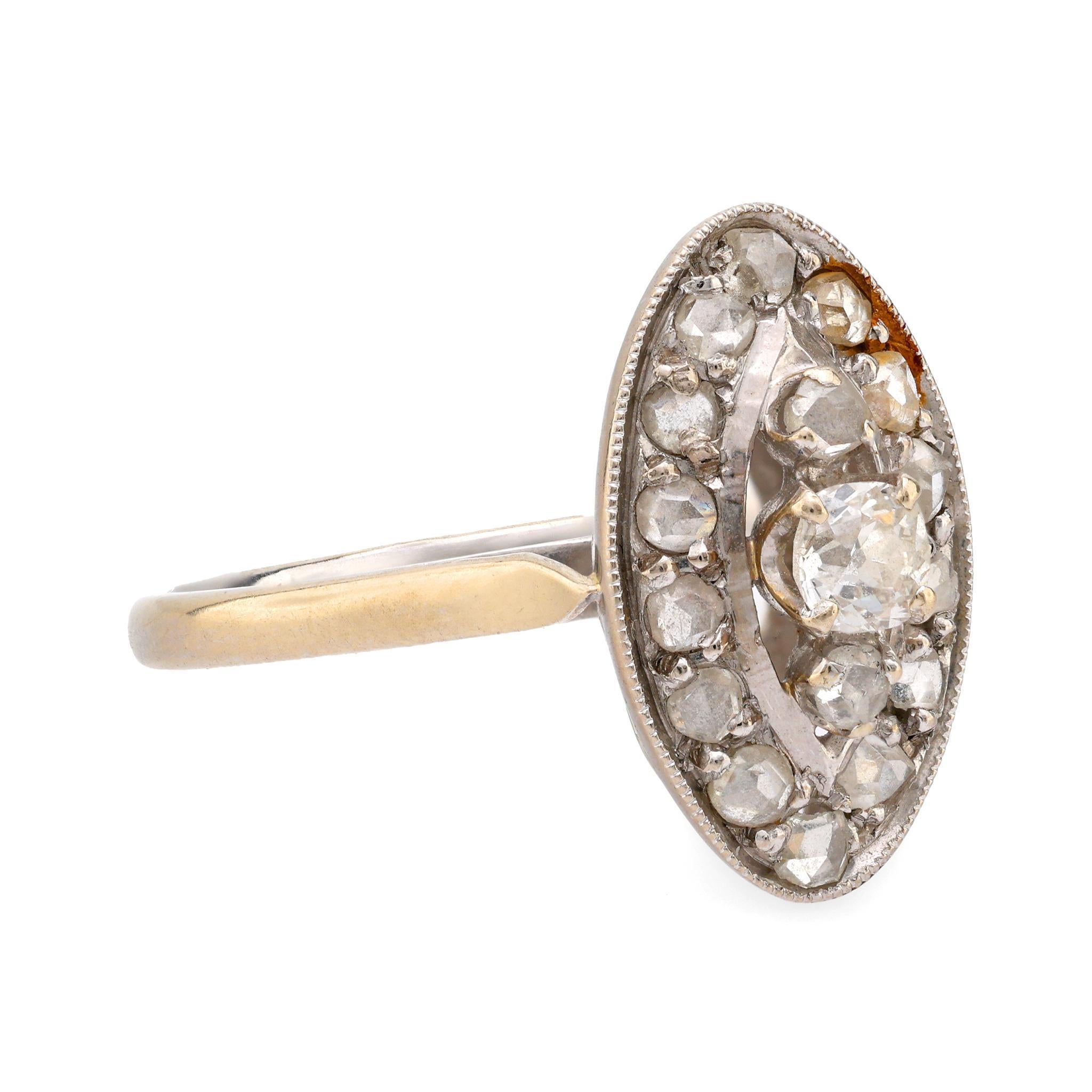 Old Mine Cut Victorian French diamond 18k white gold navette ring