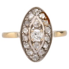 Antique Victorian French diamond 18k white gold navette ring