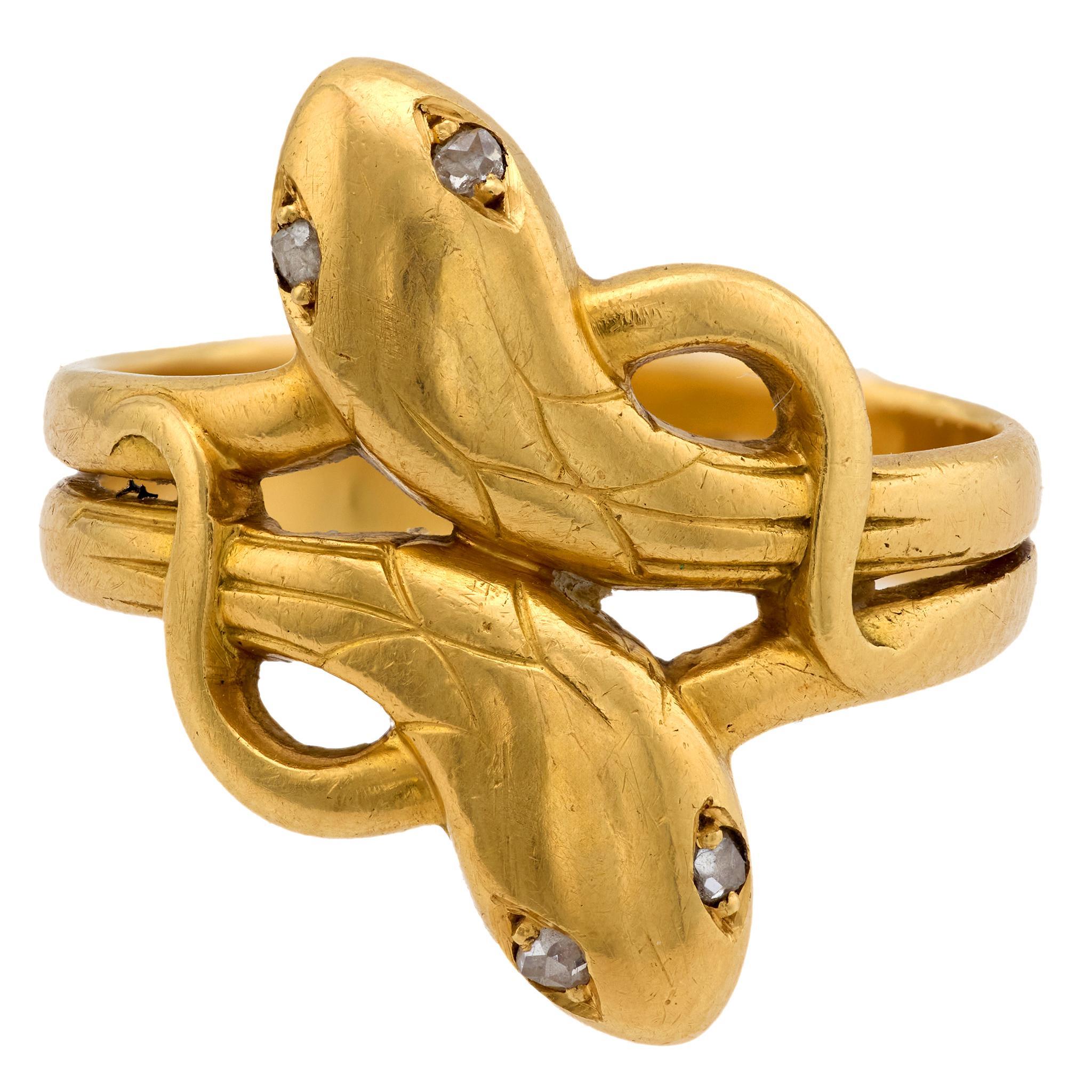 Rose Cut Victorian French diamond 18k yellow gold double headed snake ring For Sale