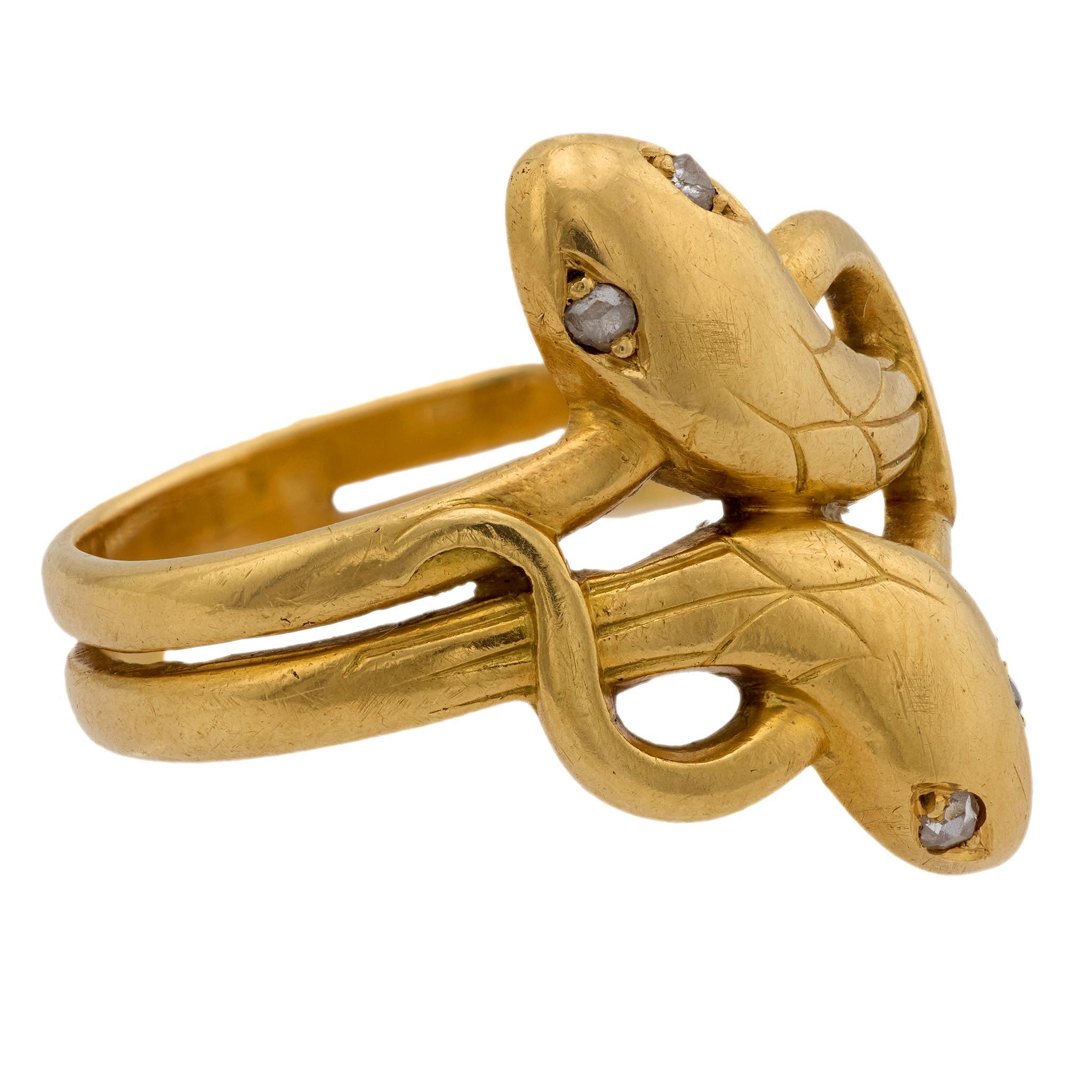Women's Victorian French diamond 18k yellow gold double headed snake ring For Sale